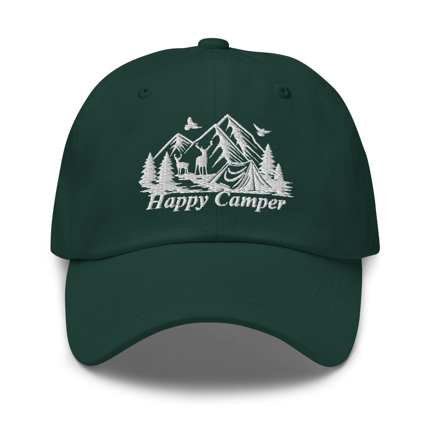 "Happy Camper Low Profile Cap with nature embroidery design, perfect for outdoor adventures and camping trips."