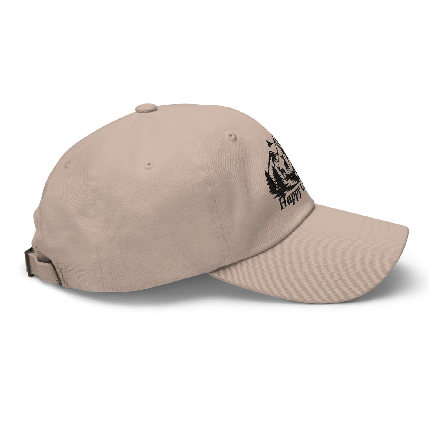 Beige Happy Camper Low Profile Cap with outdoor nature design, perfect for camping and hiking adventures.