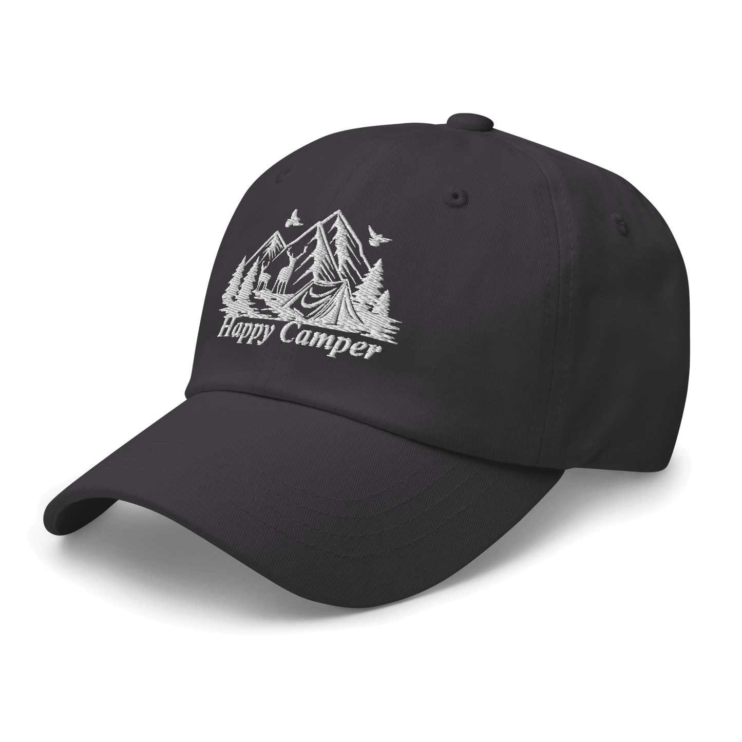 Happy Camper low profile cap with embroidered mountain and trees design, perfect for outdoor enthusiasts and camping trips.