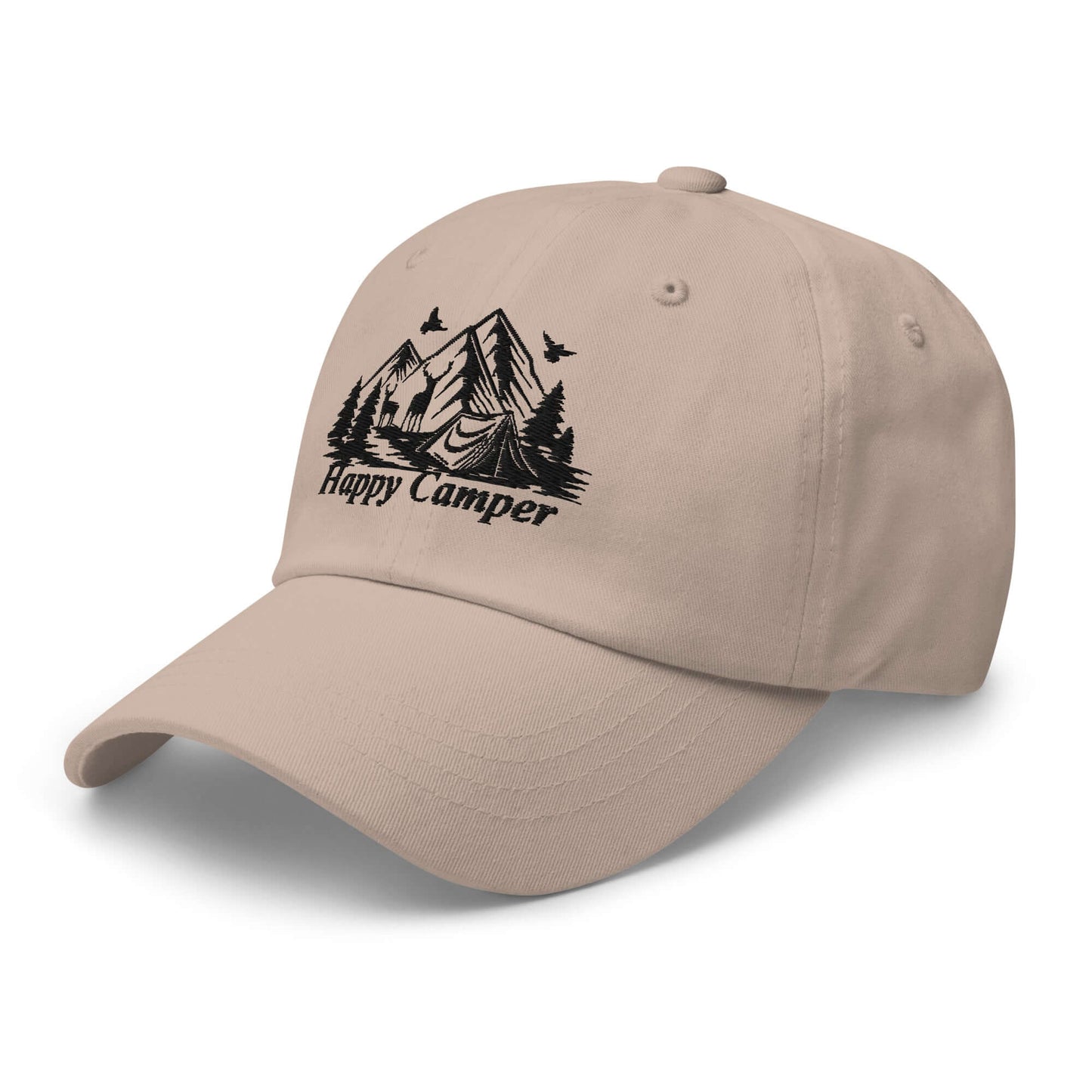 Beige Happy Camper low profile cap with mountain and tree design, perfect for nature lovers and outdoor adventures.