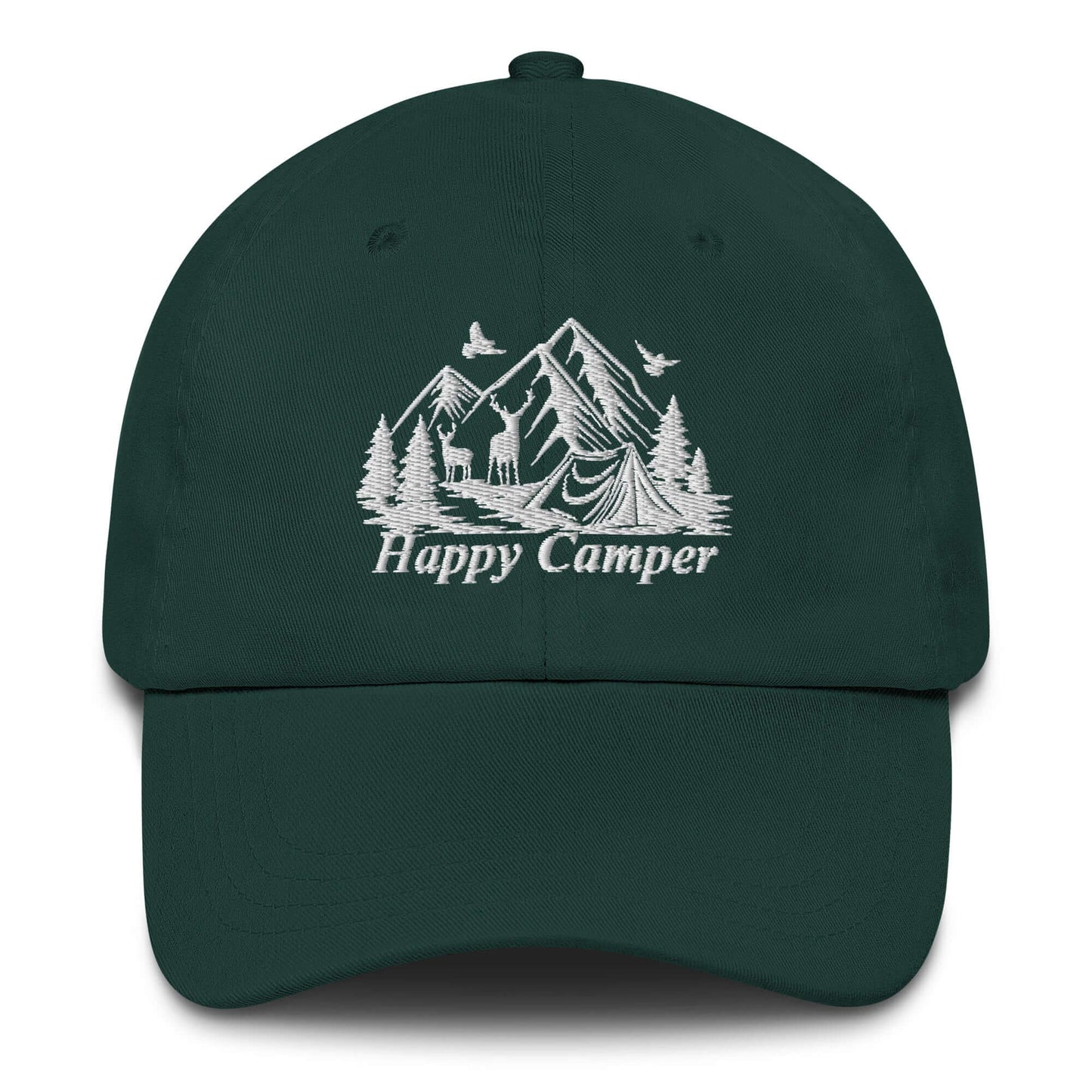 Forest green Happy Camper low profile cap with mountain and nature embroidery design.