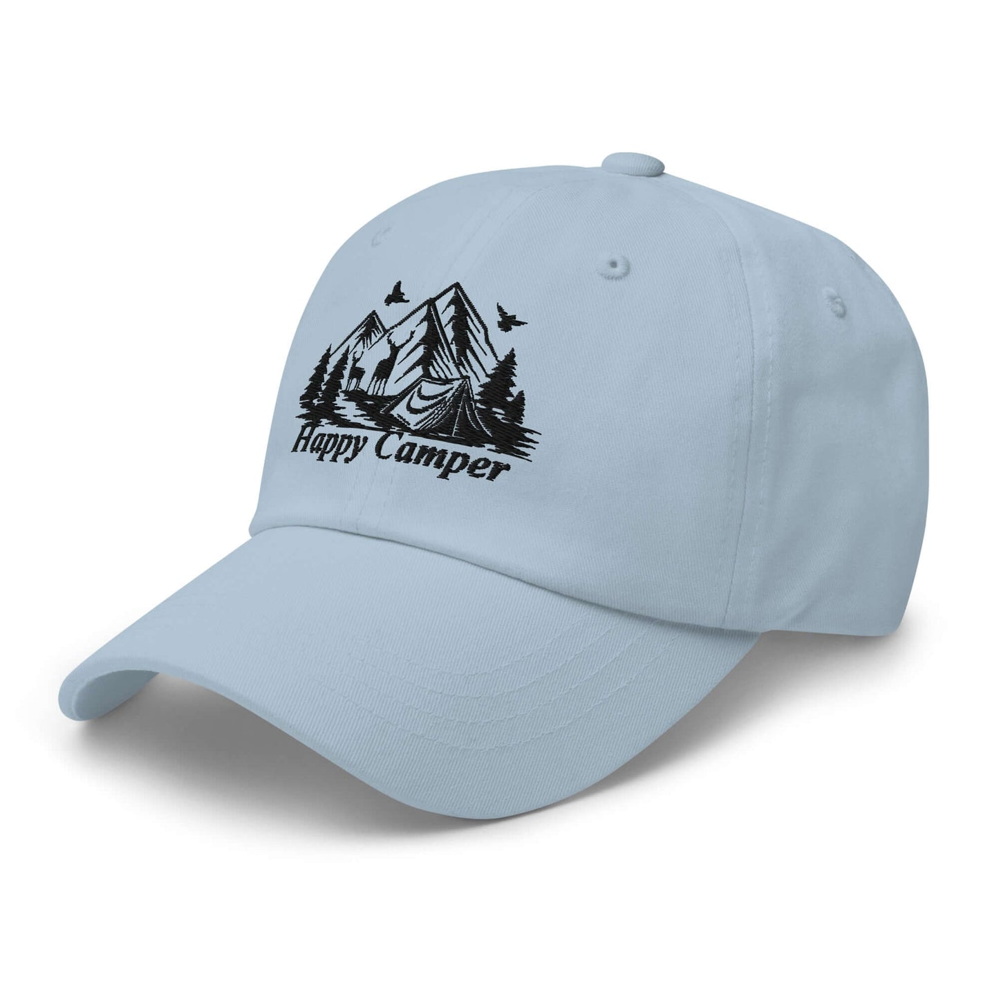 Happy Camper Low Profile Cap with mountain design, ideal for nature lovers and camping adventures.