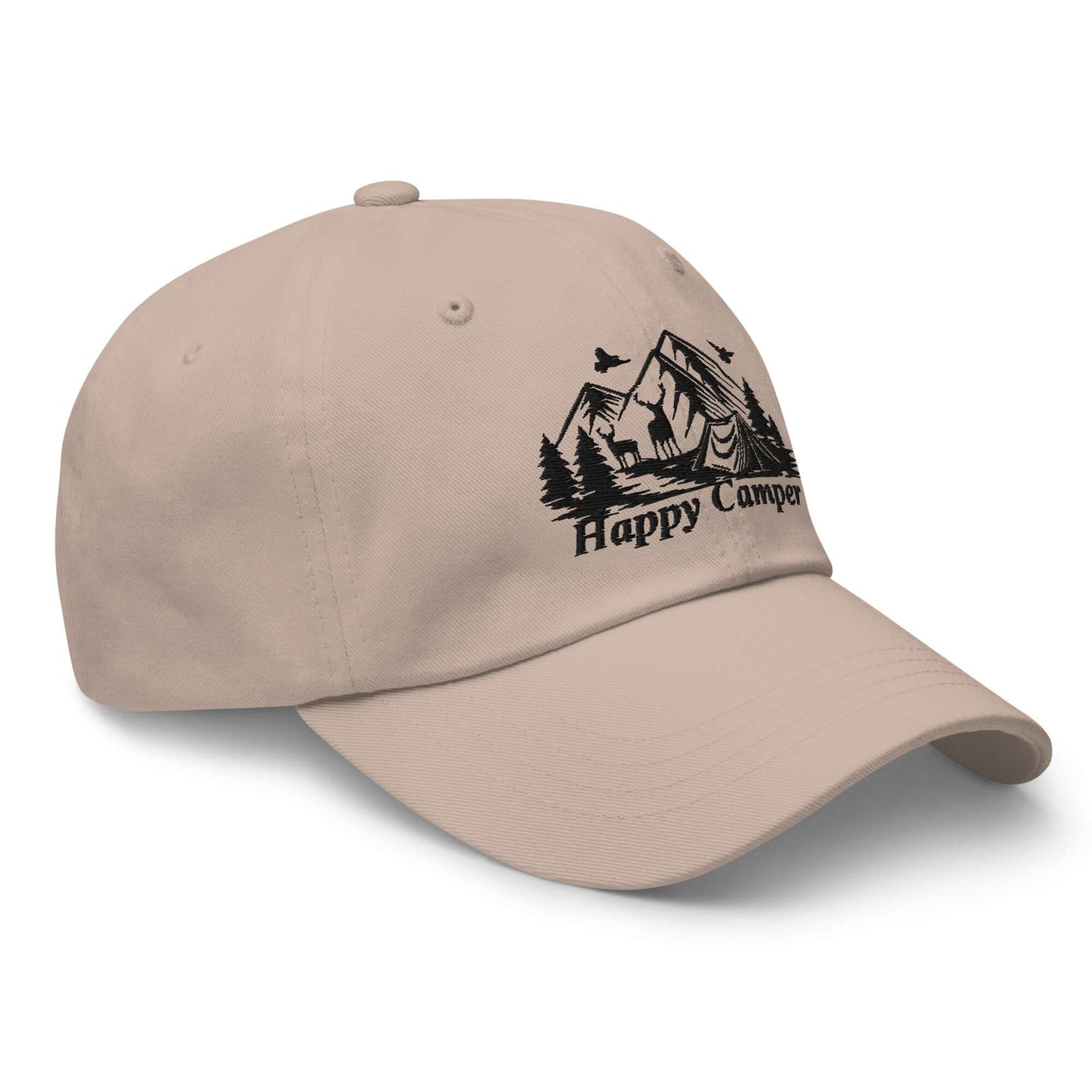 Beige Happy Camper low profile cap with outdoor design featuring mountains and trees. Ideal for nature lovers and camping enthusiasts.