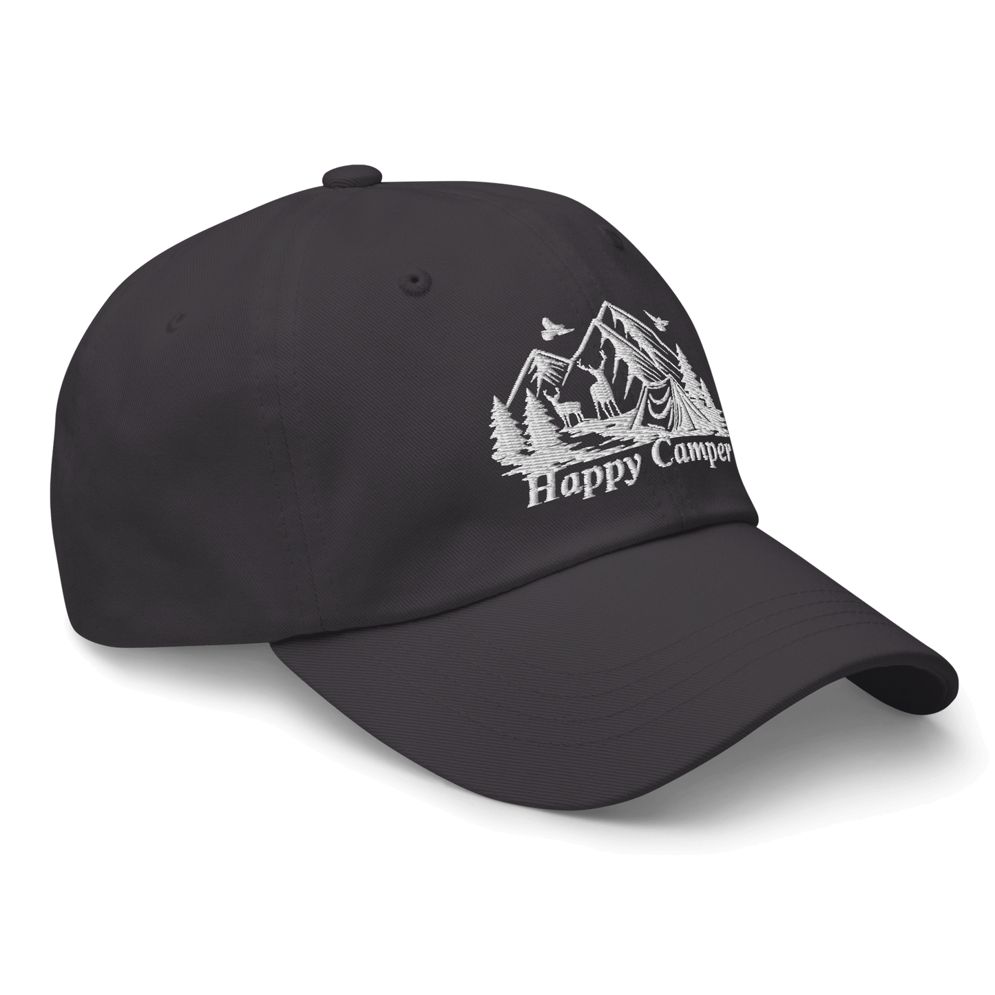 Black "Happy Camper" low profile cap with outdoor scenery design, perfect for camping and nature enthusiasts.