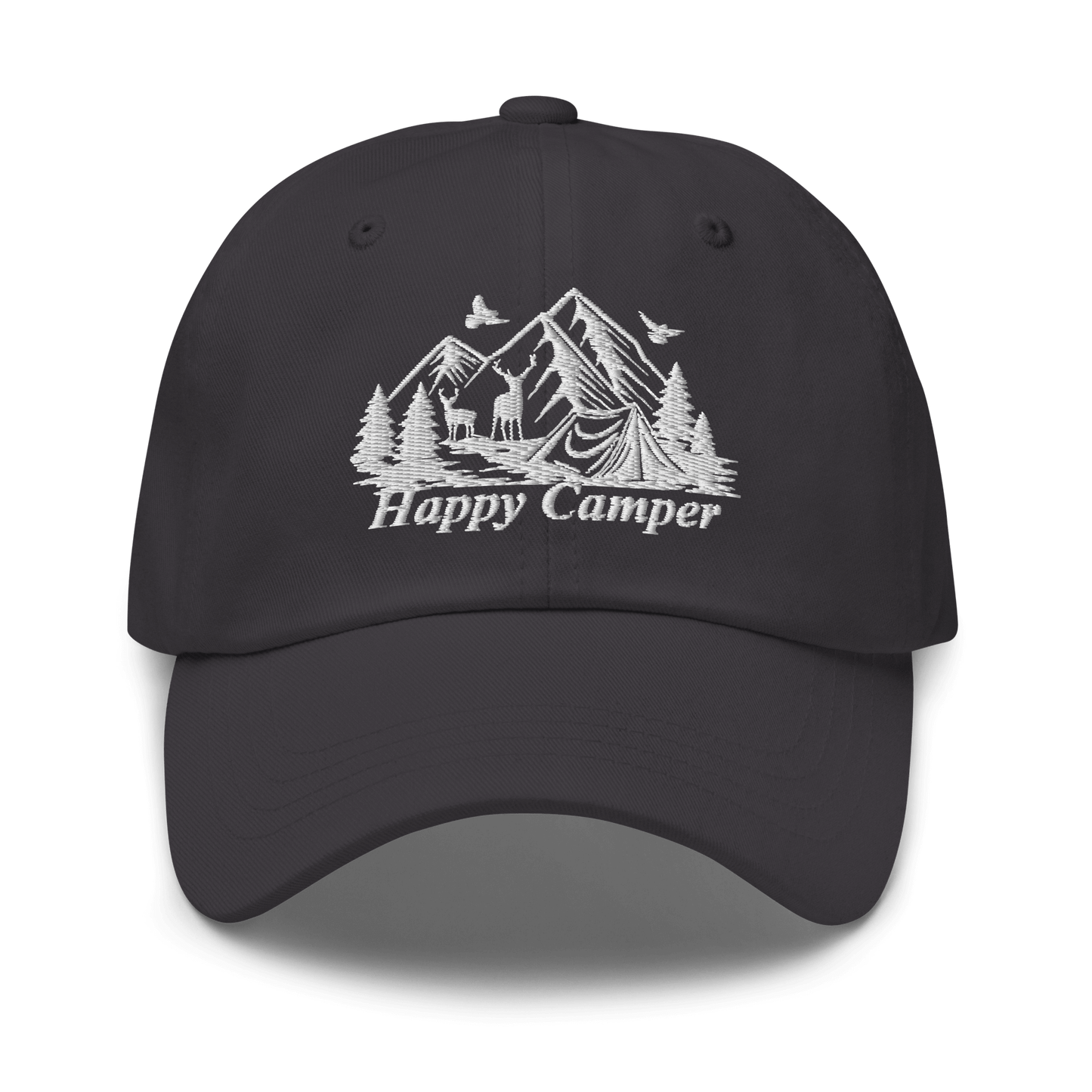 "Happy Camper Low Profile Cap with nature embroidery, ideal for outdoor adventures and camping enthusiasts"