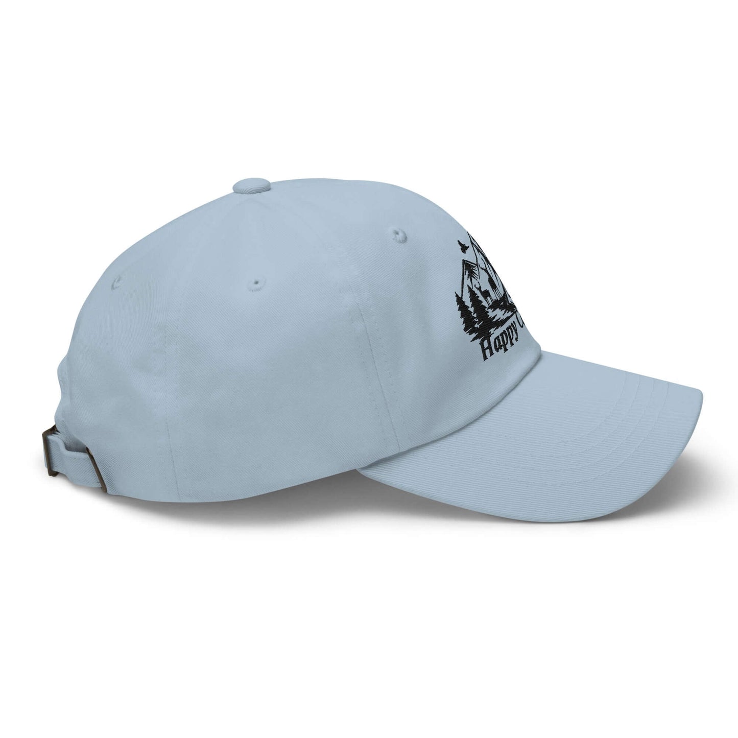 Light blue Happy Camper low profile cap with adjustable strap, featuring a nature-inspired design on the front.