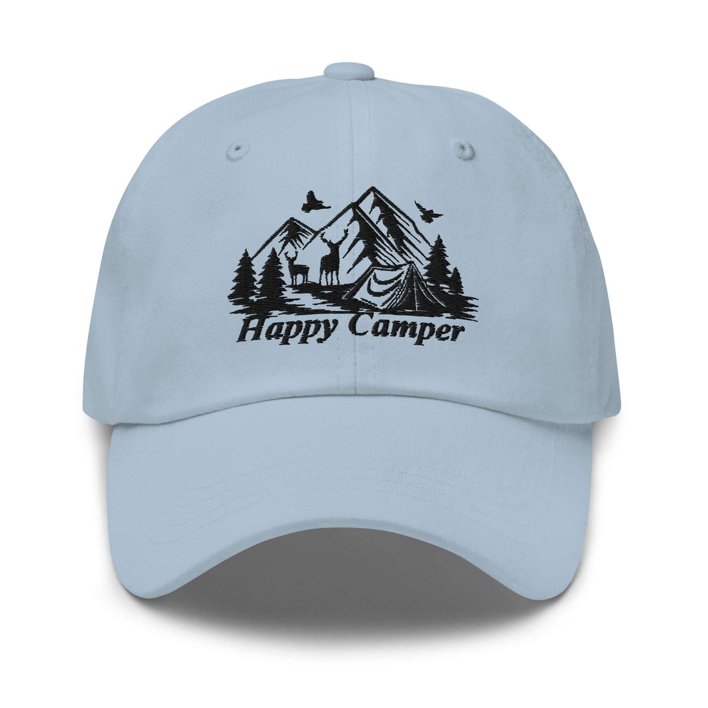 Light blue Happy Camper low profile cap featuring mountain and forest design, perfect for outdoor enthusiasts.
