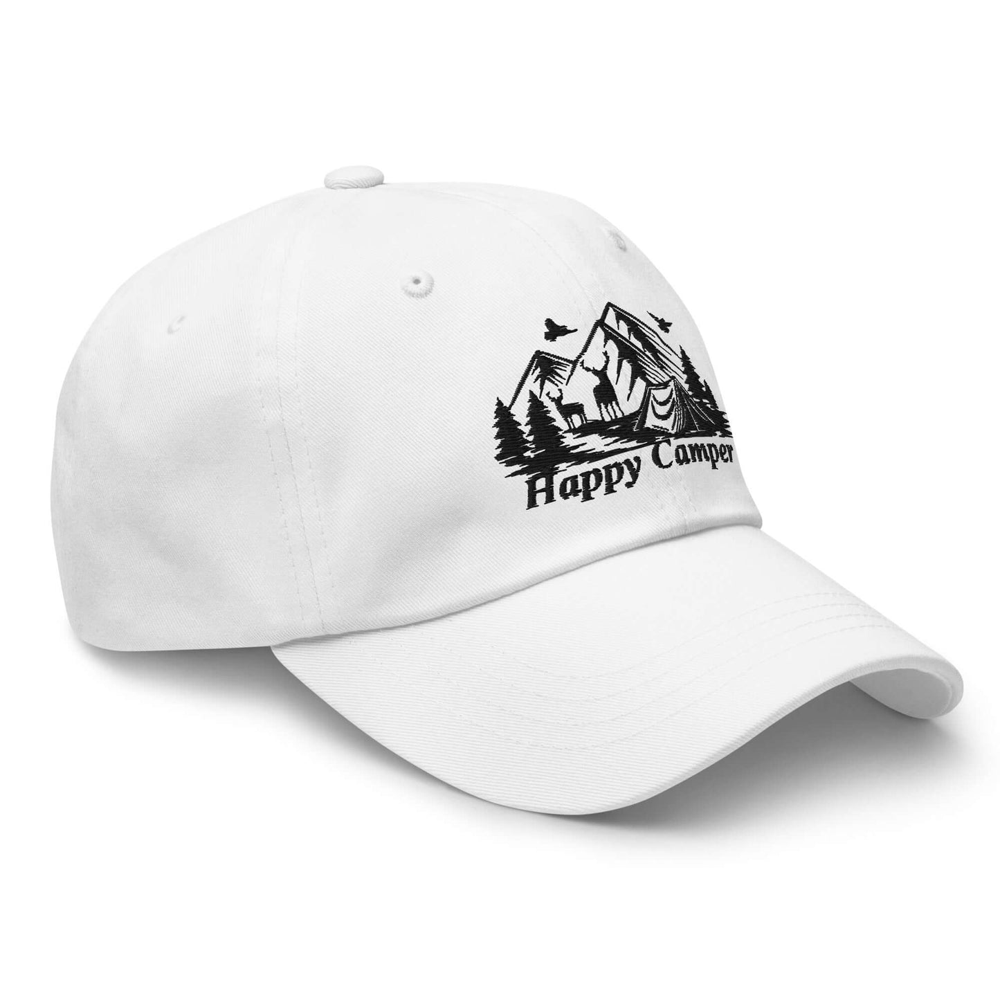 White Happy Camper Low Profile Cap with nature-themed embroidery, perfect for outdoor enthusiasts and campers seeking comfort.