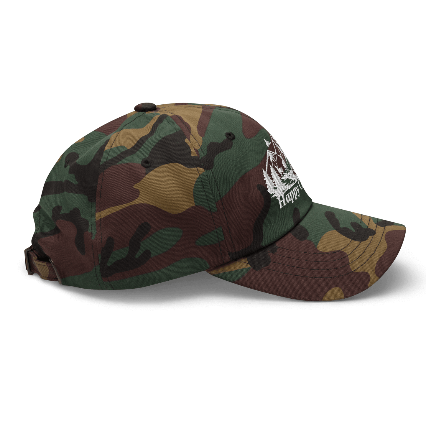 Camo Happy Camper Low Profile Cap, perfect for outdoor adventures and camping trips.