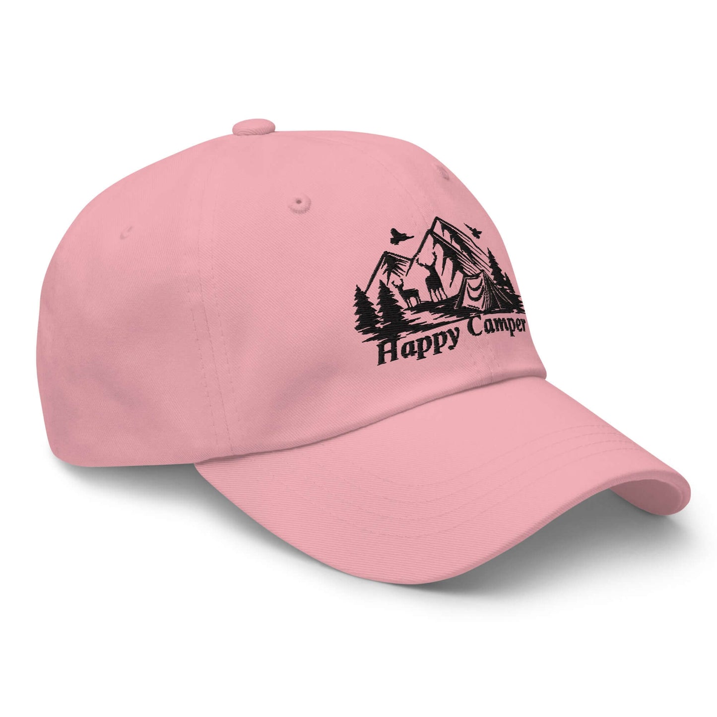 Pink Happy Camper Low Profile Cap with nature-themed embroidery, ideal for outdoor adventures and camping enthusiasts.