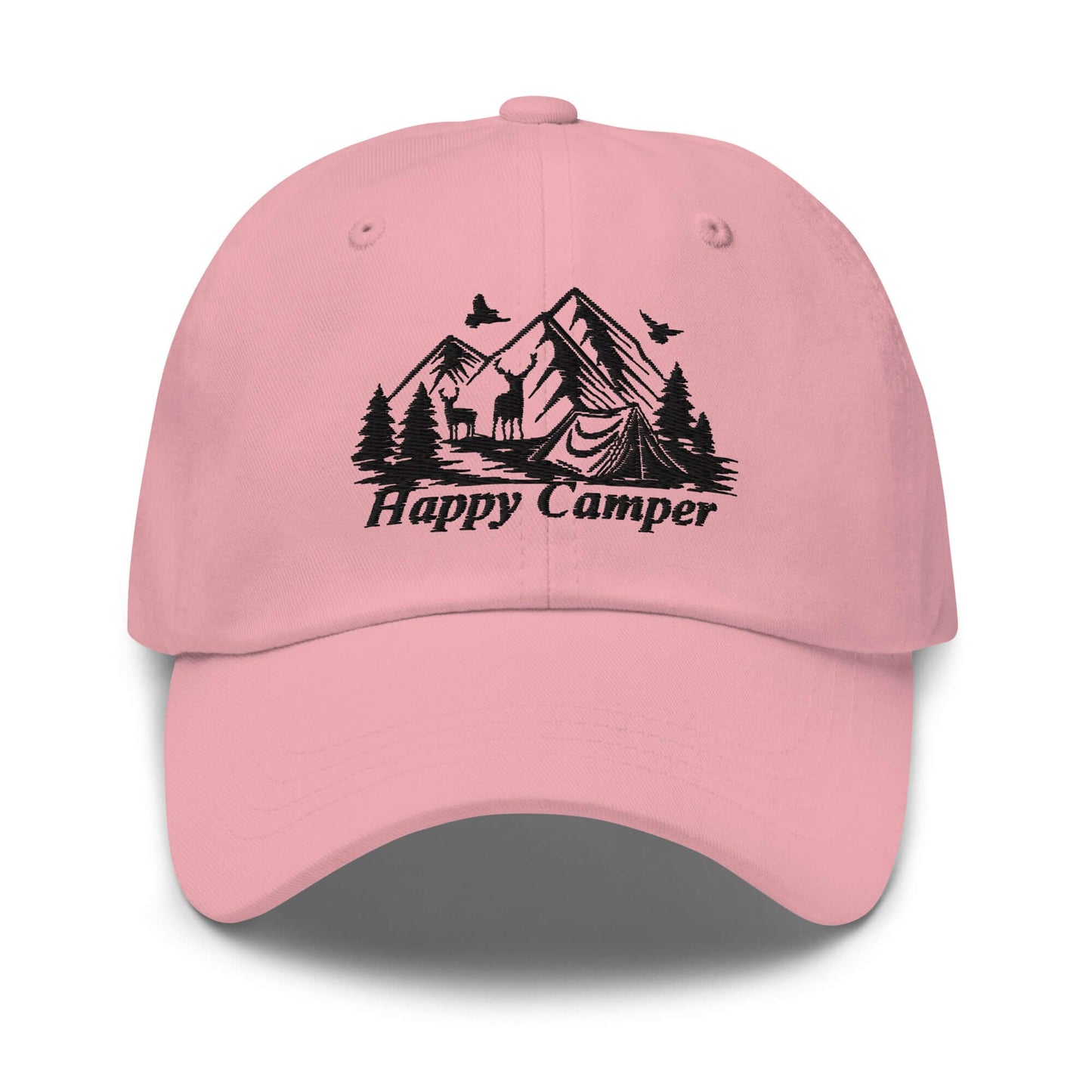 Pink Happy Camper low profile cap with mountain and tent design, perfect for outdoor adventures and camping trips.