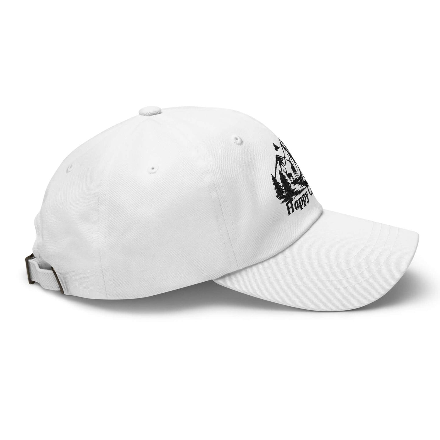 White Happy Camper Low Profile Cap featuring outdoor camping design with adjustable strap.