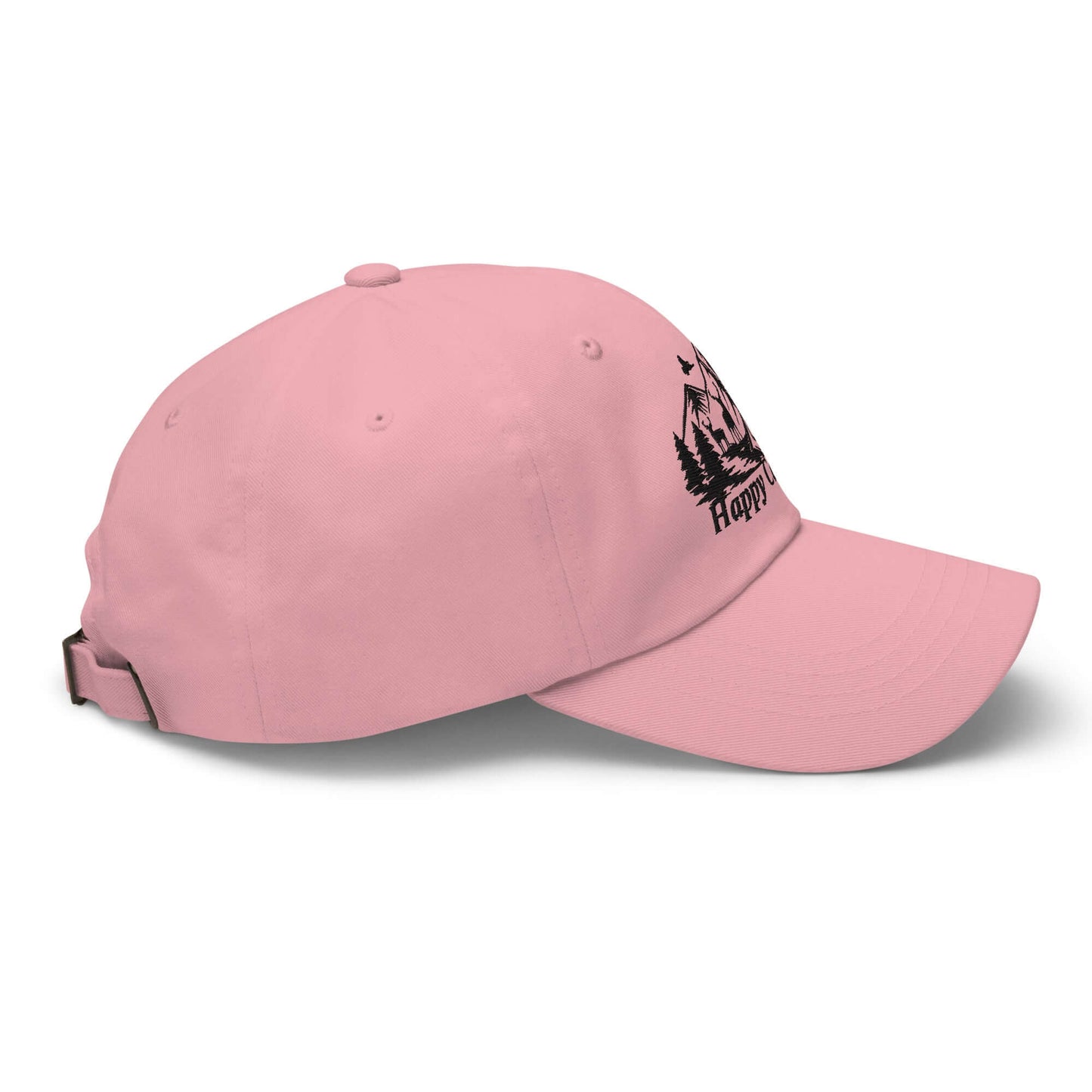 Pink low profile Happy Camper cap with adjustable strap, perfect for outdoor adventures and camping trips.
