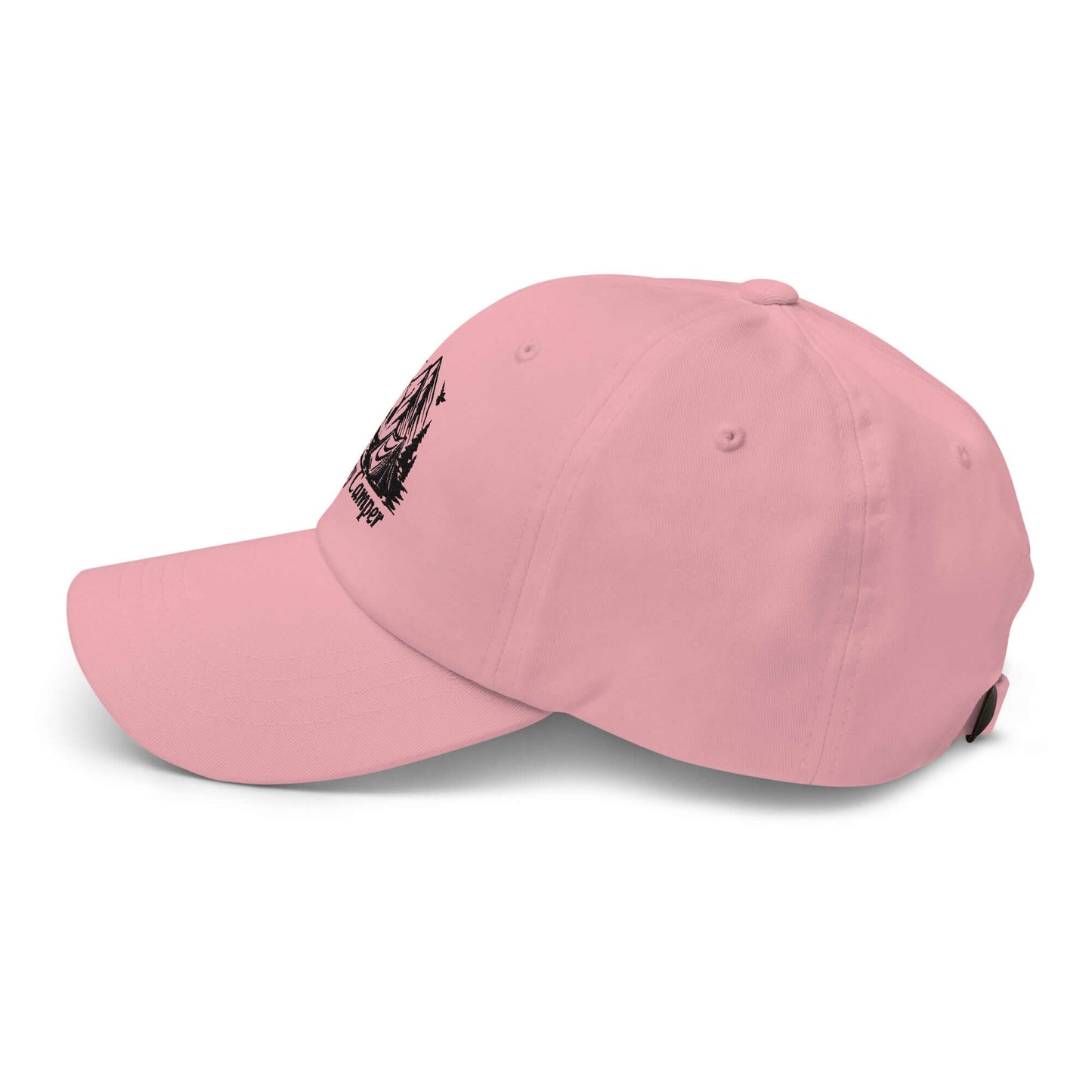 Pink Happy Camper Low Profile Cap with adjustable strap, ideal for outdoor adventures and camping trips.