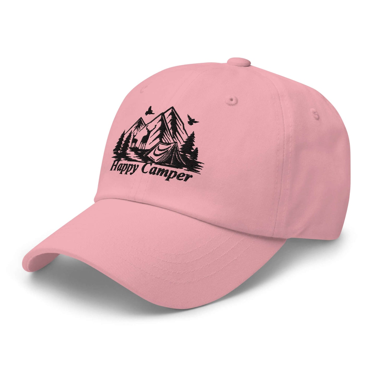 Pink Happy Camper low profile cap featuring mountain and forest design, ideal for outdoor enthusiasts seeking comfort and style.