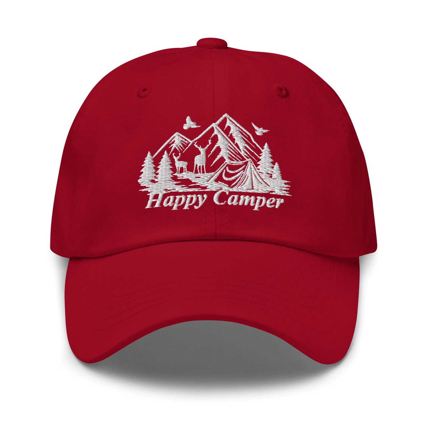 Red Happy Camper low profile cap with nature-themed embroidery.