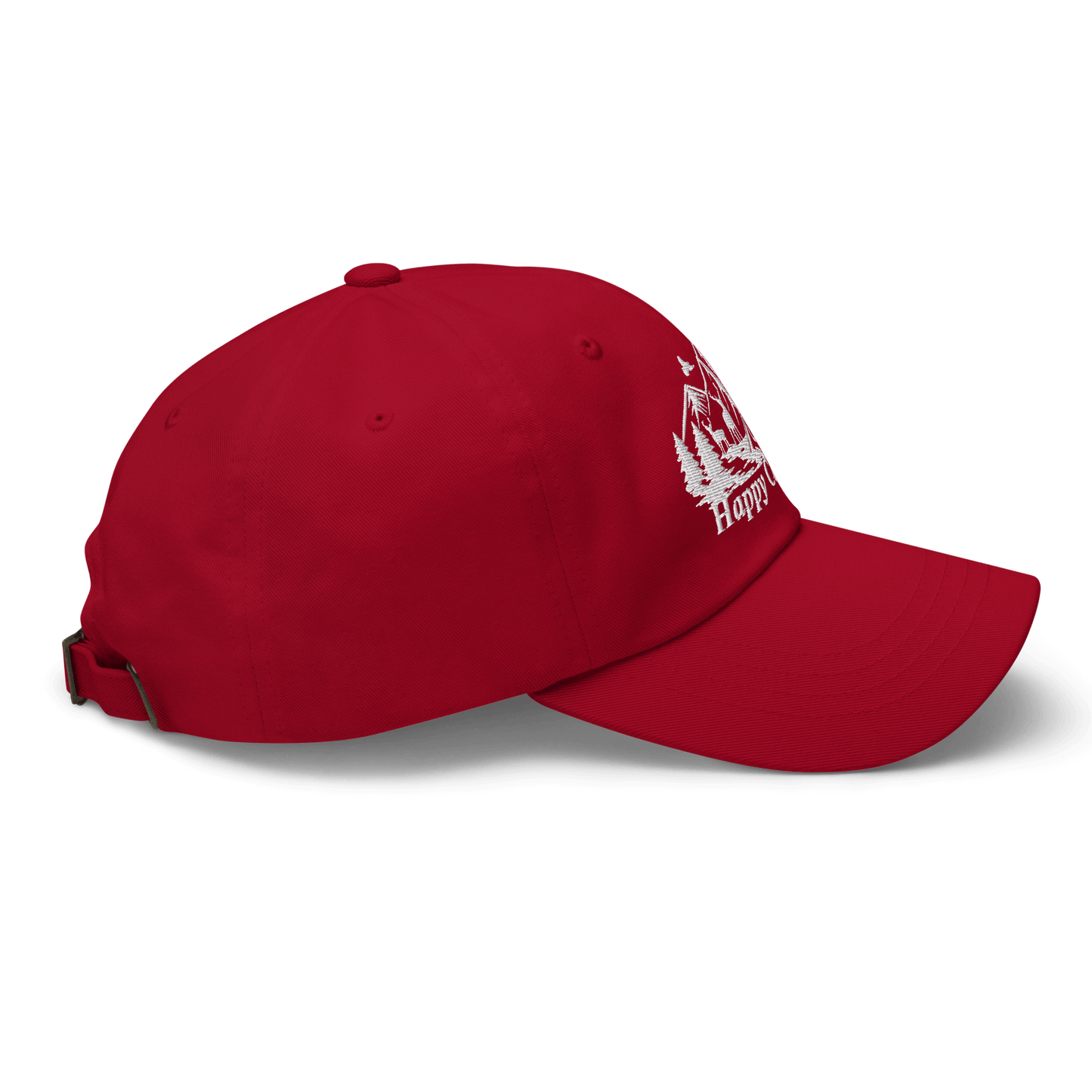 Red Happy Camper Low Profile Cap with adjustable back, perfect for outdoor adventures and camping trips.