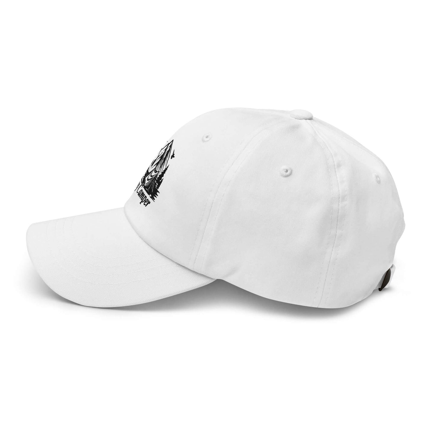 White Happy Camper Low Profile Cap with nature-themed embroidery, ideal for outdoor adventures and camping trips.