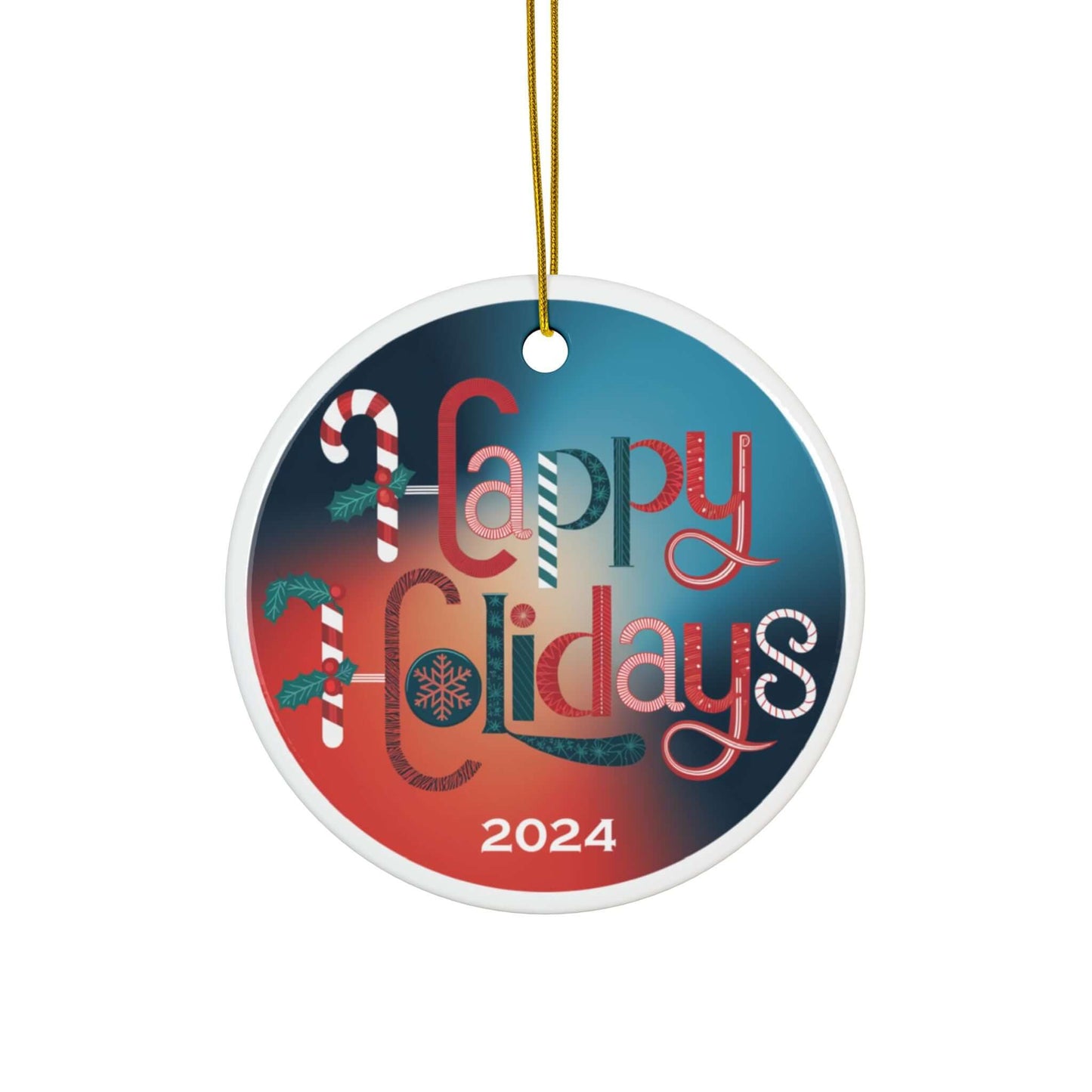 "Happy Holidays 2024 ceramic ornament with festive symbols on blue and orange gradient background"