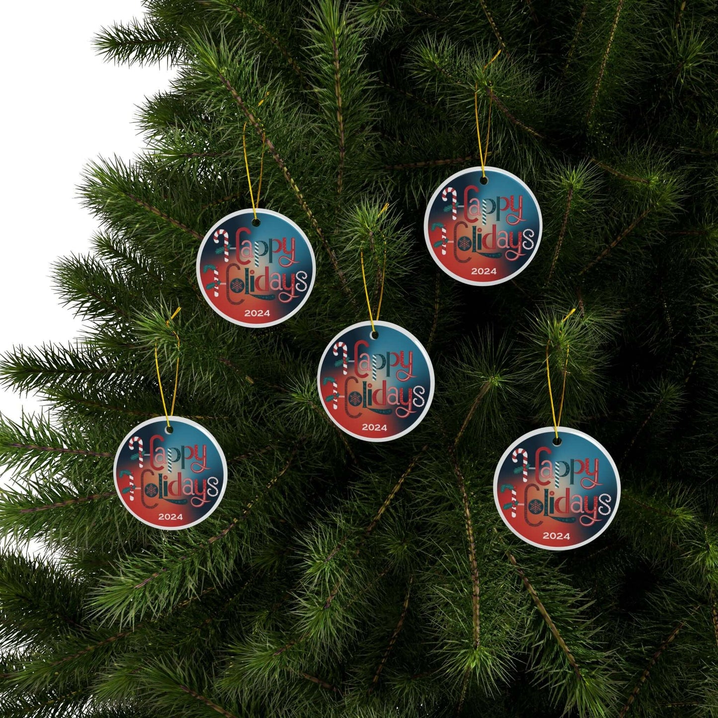Happy Holidays ceramic ornaments with vibrant gradient on Christmas tree, featuring festive icons and 2024 text.
