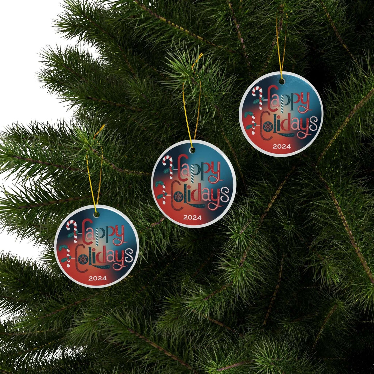 Ceramic ornaments with "Happy Holidays" in festive curly letters hang on a Christmas tree, featuring a blue and orange gradient background.