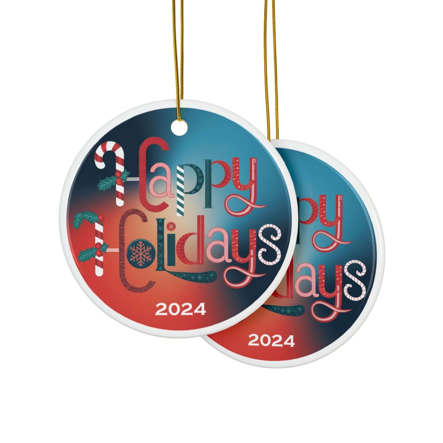 Happy Holidays ceramic ornaments with candy cane, holly, and snowflake design on blue and orange gradient background, 2024 edition.