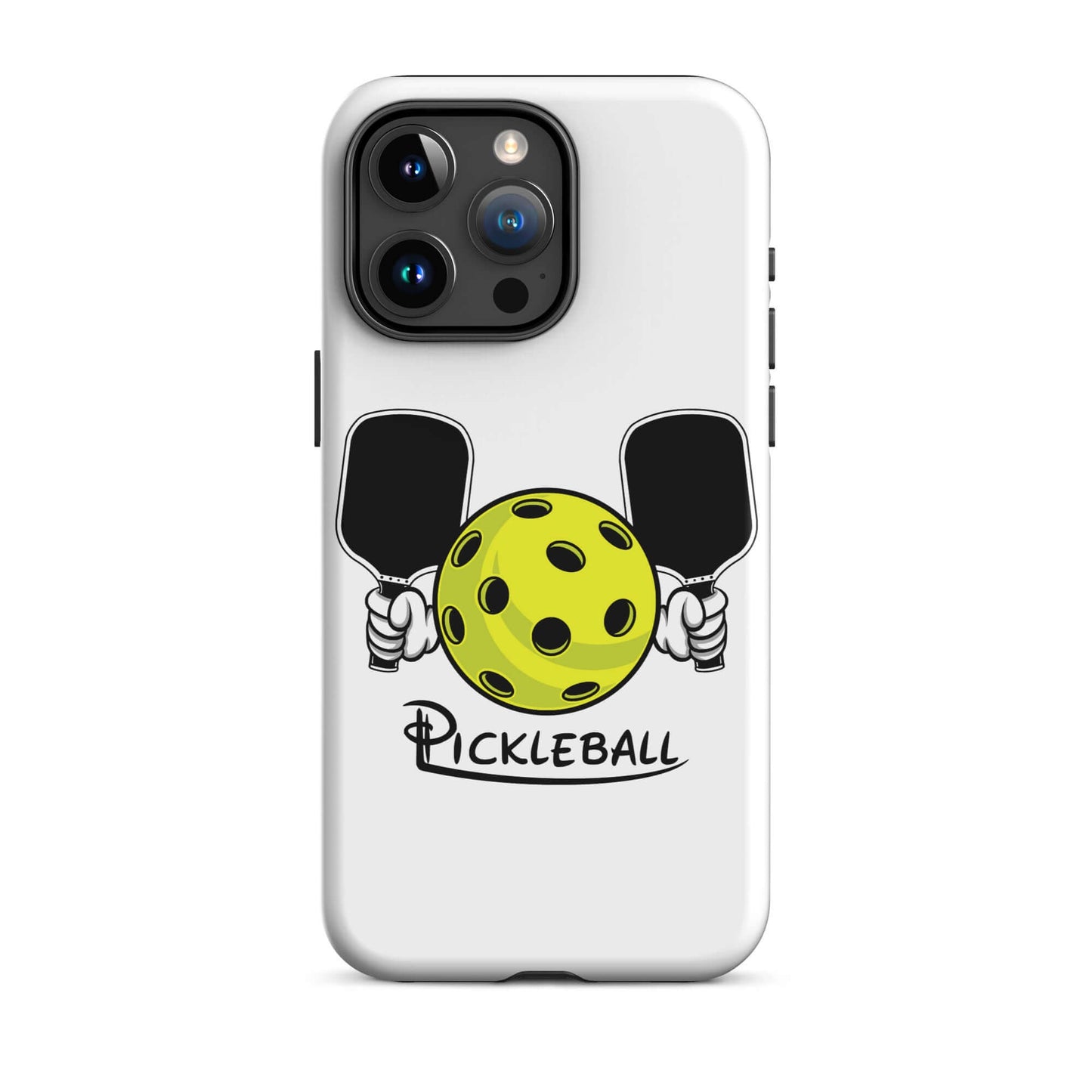 HarmonyGrip Pickleball Series iPhone Tough Case with pickleball design, featuring paddles and ball for ultimate phone protection.