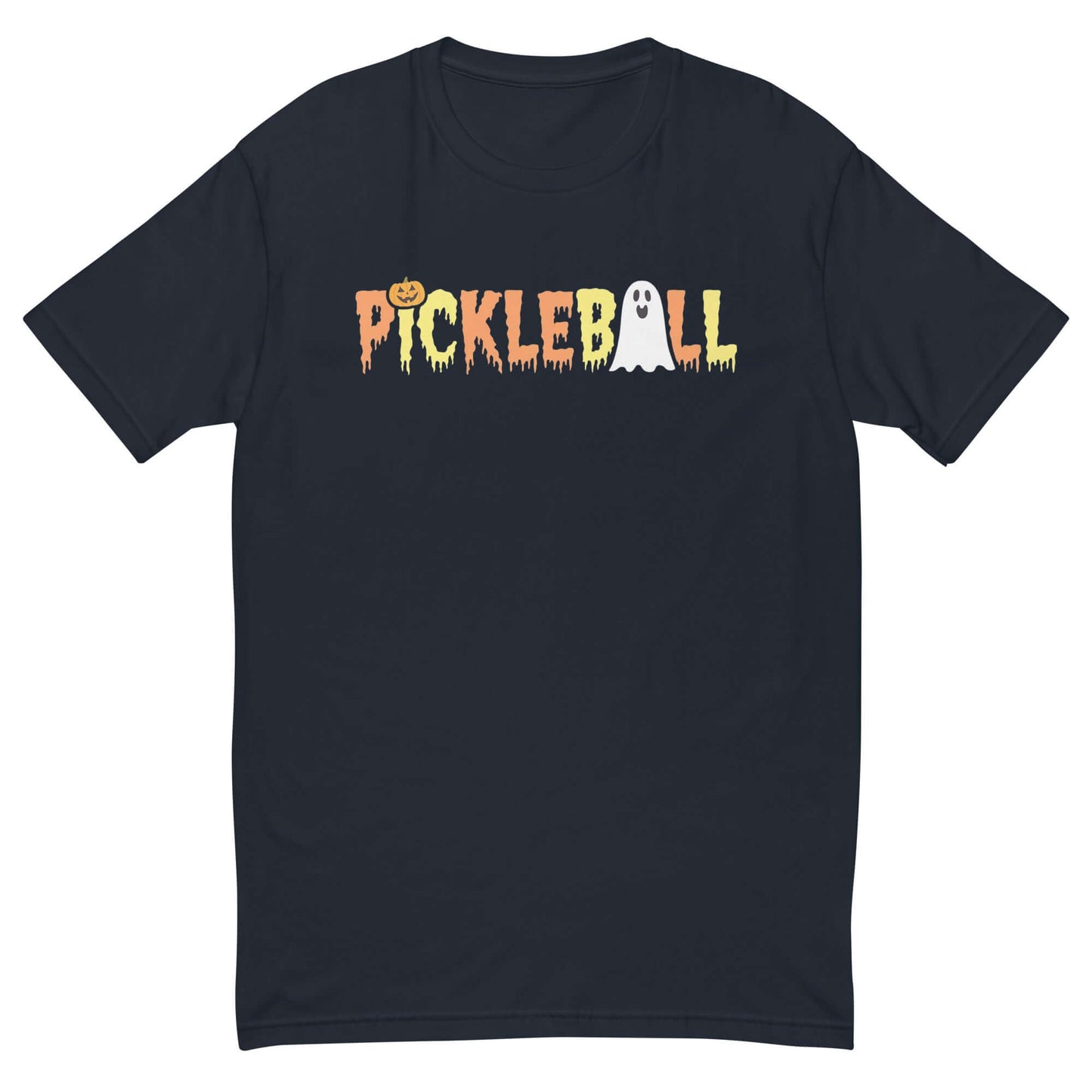 Halloween Pickleball T-shirt with ghost letters and jack-o-lantern design, perfect for spooky pickleball enthusiasts.