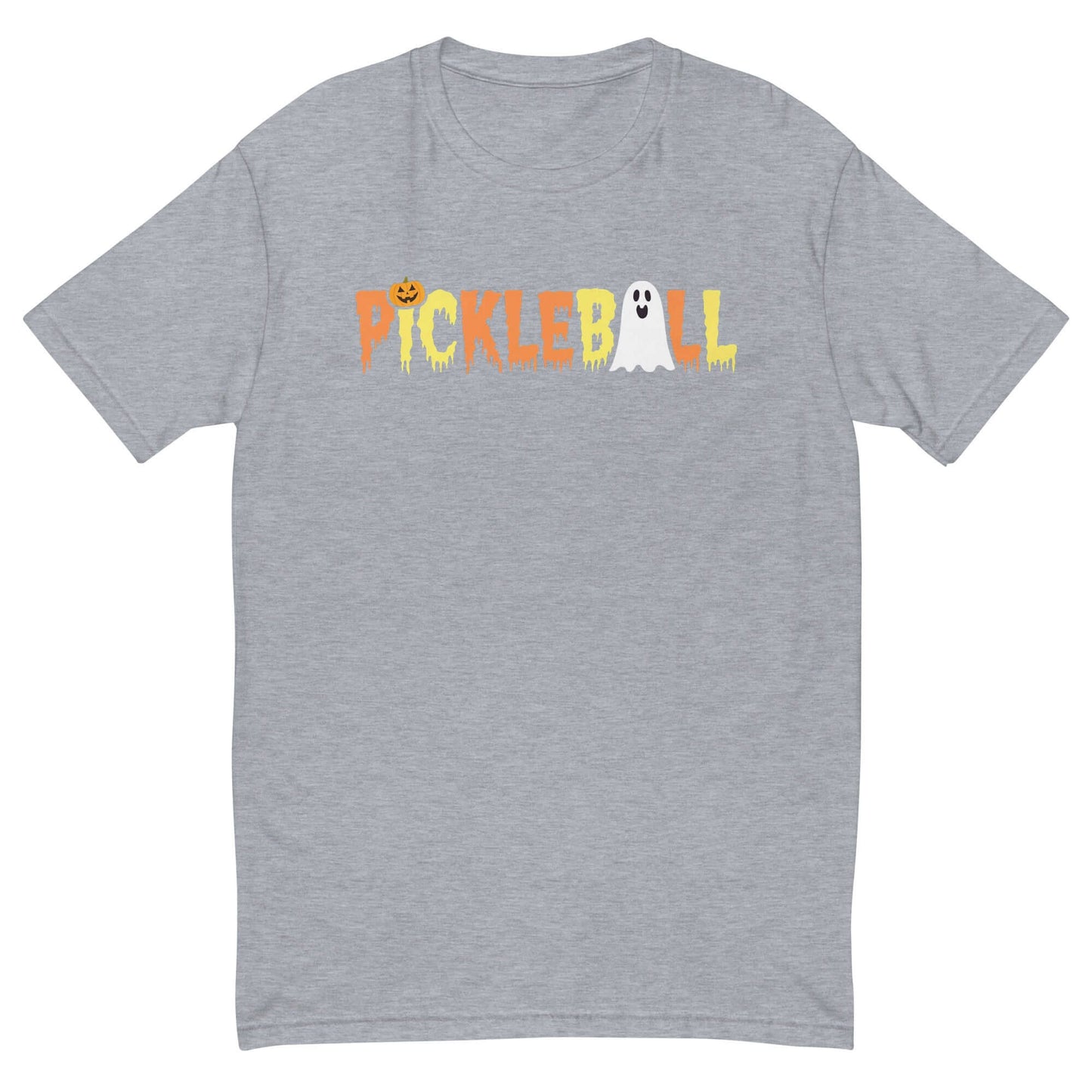 Halloween pickleball T-shirt with ghostly letters, jack-o-lantern, and ghost design on gray fabric.