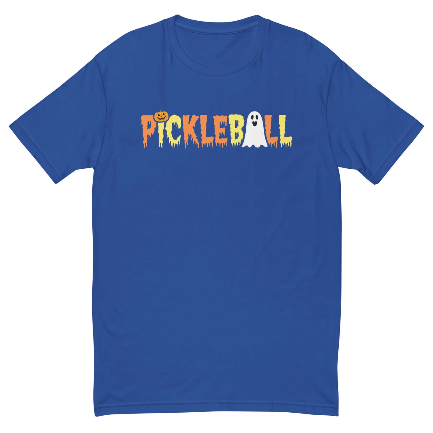 Halloween pickleball tee with ghostly letters and jack-o-lantern, perfect for spooky game enthusiasts.