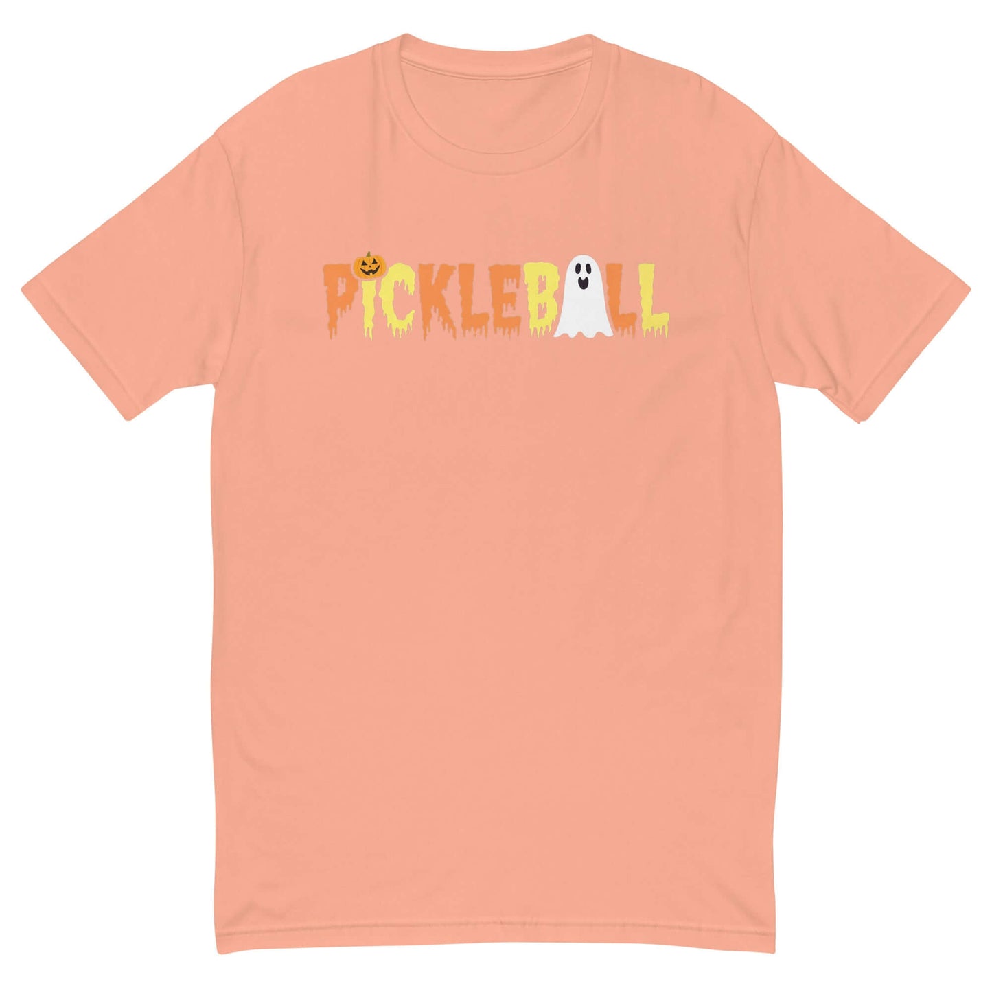 Halloween Pickleball tee with ghost and jack-o-lantern design, featuring ghostly orange and yellow letters on a spooky-themed shirt.