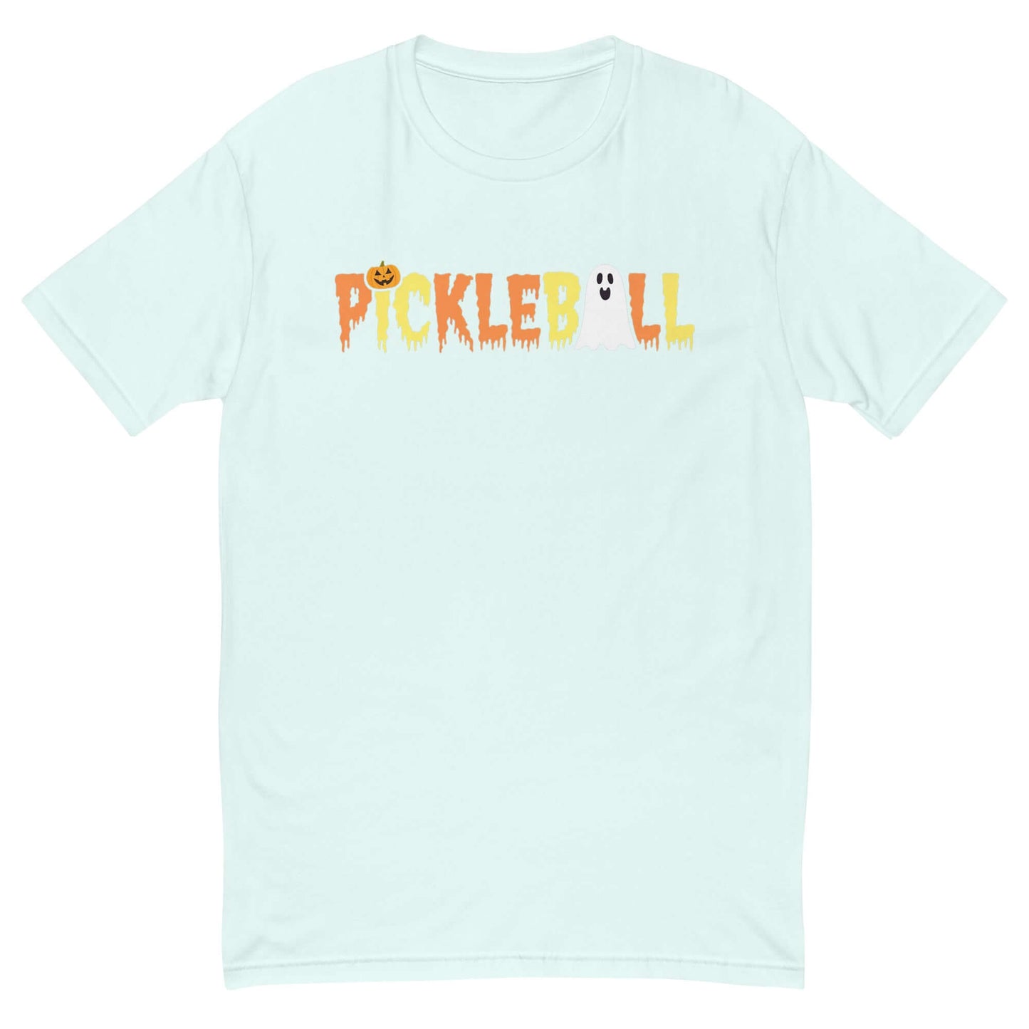 Halloween Pickleball T-shirt with ghostly letters and jack-o-lantern design, perfect for spooky pickleball fans.