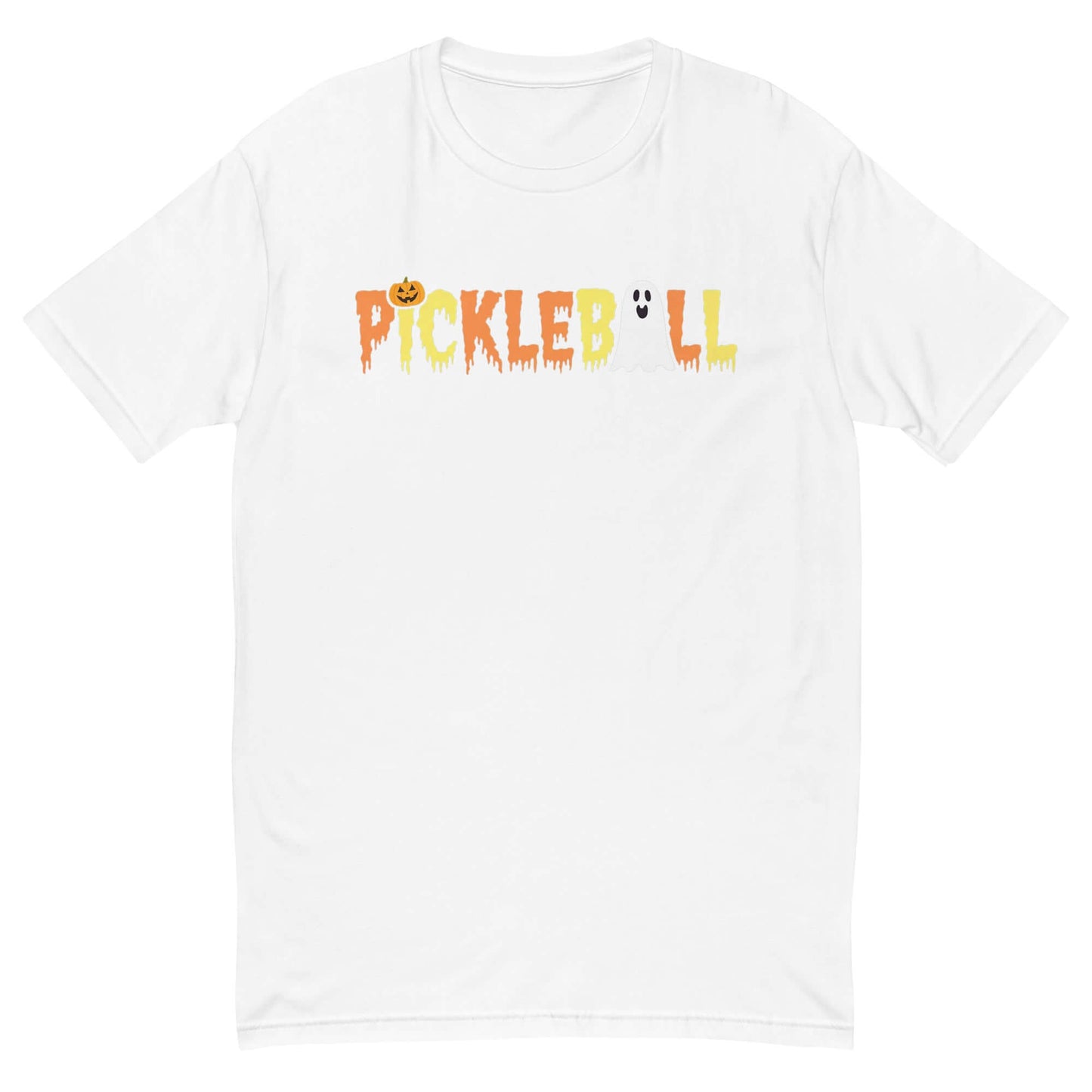 Halloween Pickleball T-shirt with jack-o-lantern and ghost design, featuring spooky orange and yellow letters on a white tee.