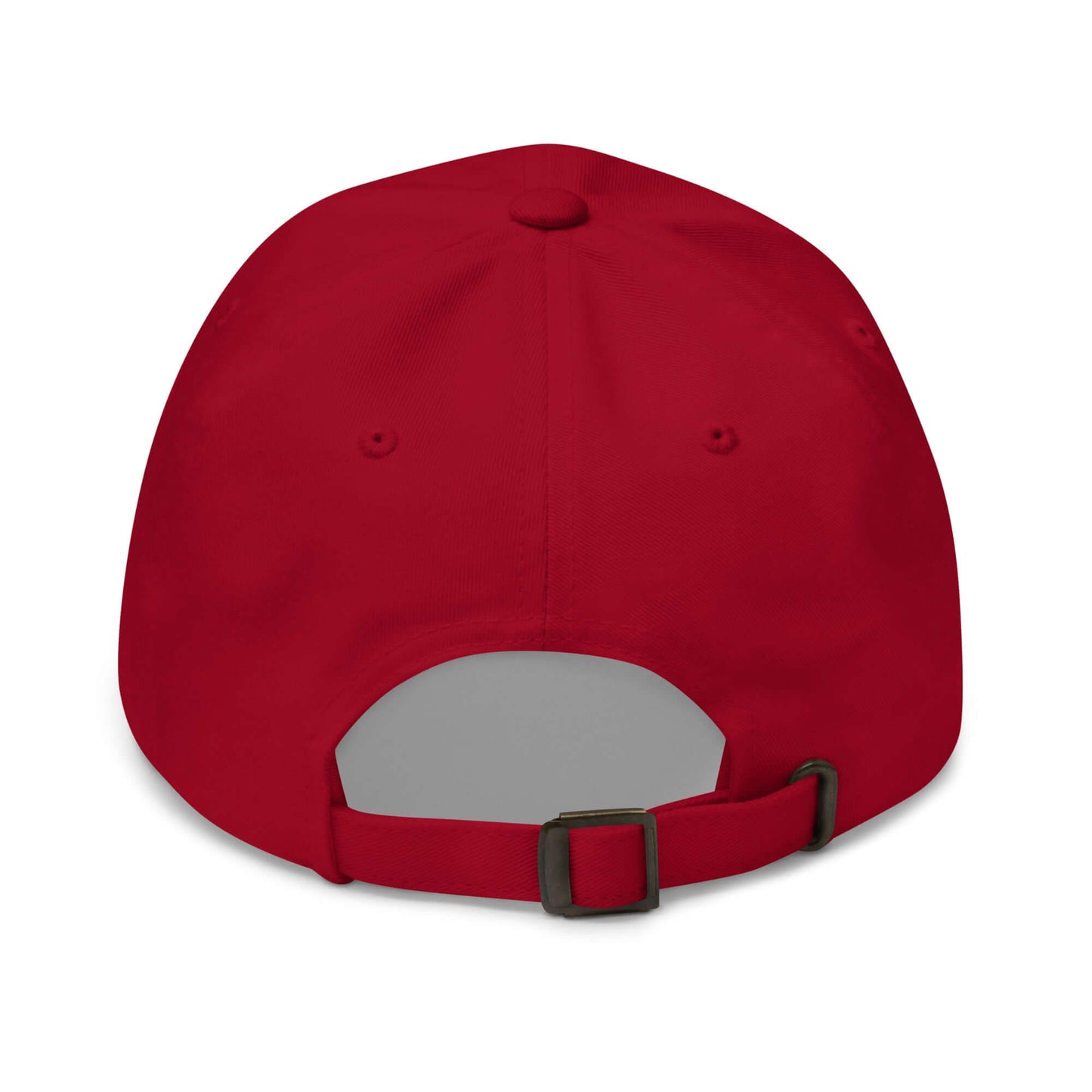 Red dad hat with adjustable strap, made from 100% chino cotton twill, offering comfort and a secure fit.