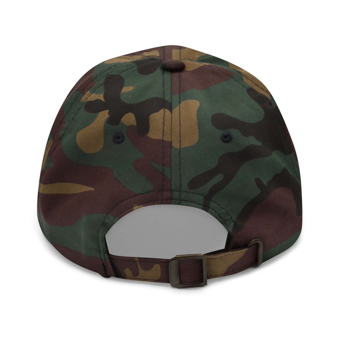 Back view of camo Haunted Pickleball Spirit Hat with adjustable strap and buckle closure.