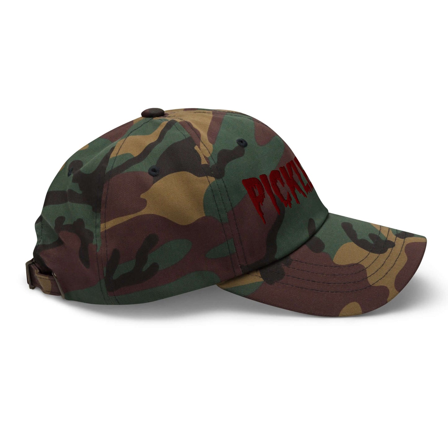 Camouflage Haunted Pickleball Spirit Hat with eerie maroon embroidery, perfect for stylish and spooky pickleball enthusiasts.