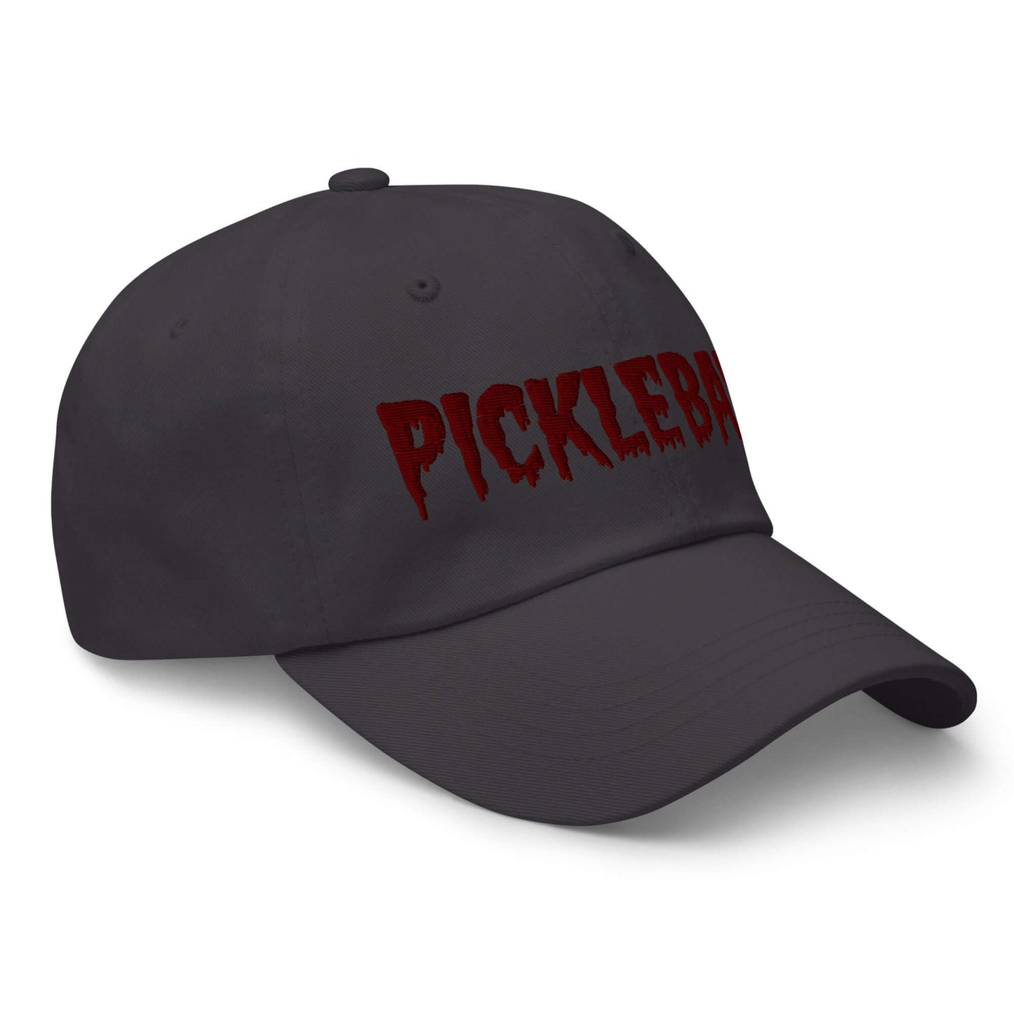 Black dad hat with maroon "Pickleball" embroidery in eerie font, 100% chino cotton twill, spooky style for pickleball enthusiasts.