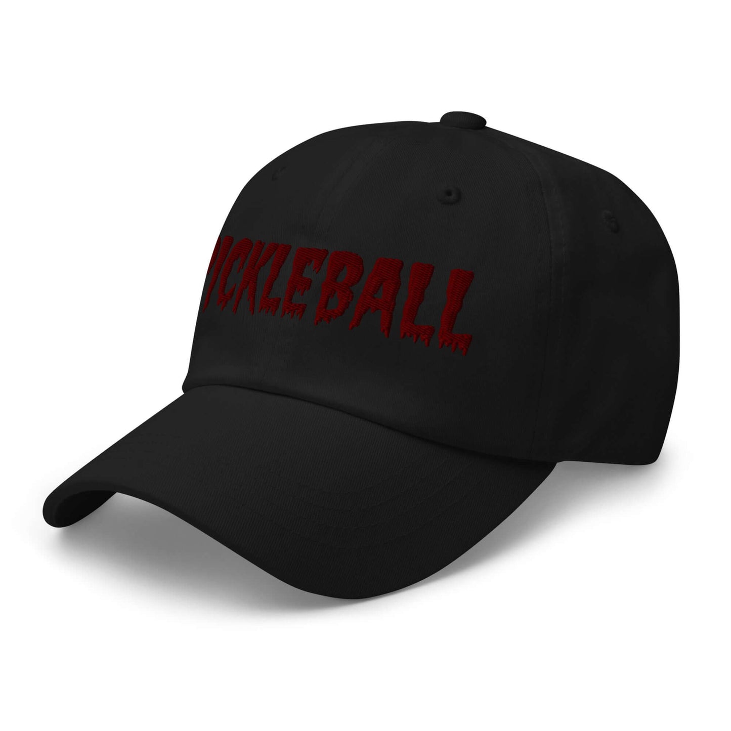 Haunted Pickleball Spirit Hat with maroon embroidery on black chino cotton twill, perfect for stylish and spooky pickleball enthusiasts.