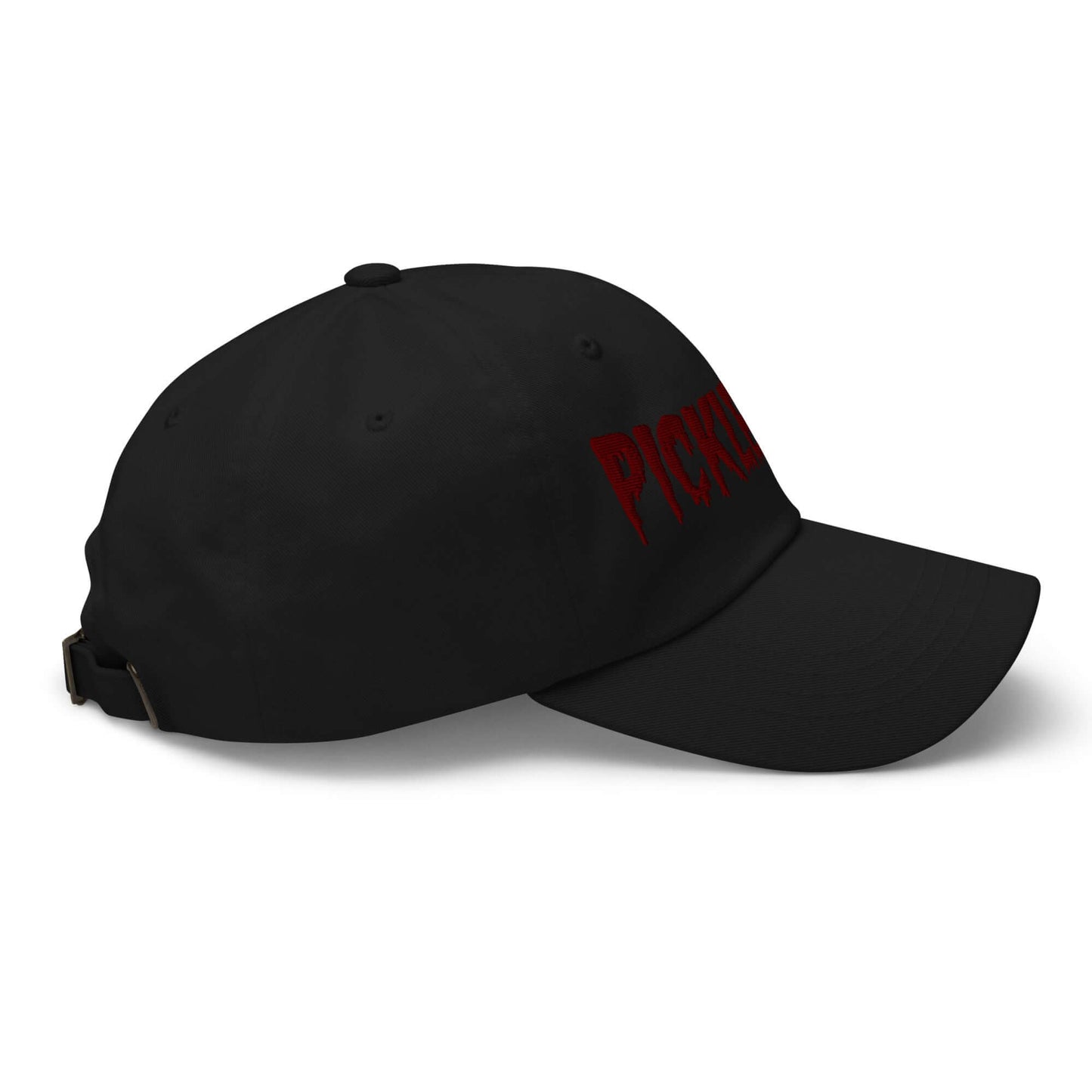 Haunted Pickleball Spirit Hat with maroon embroidery on black cotton twill, side view showing adjustable strap and eerie style.