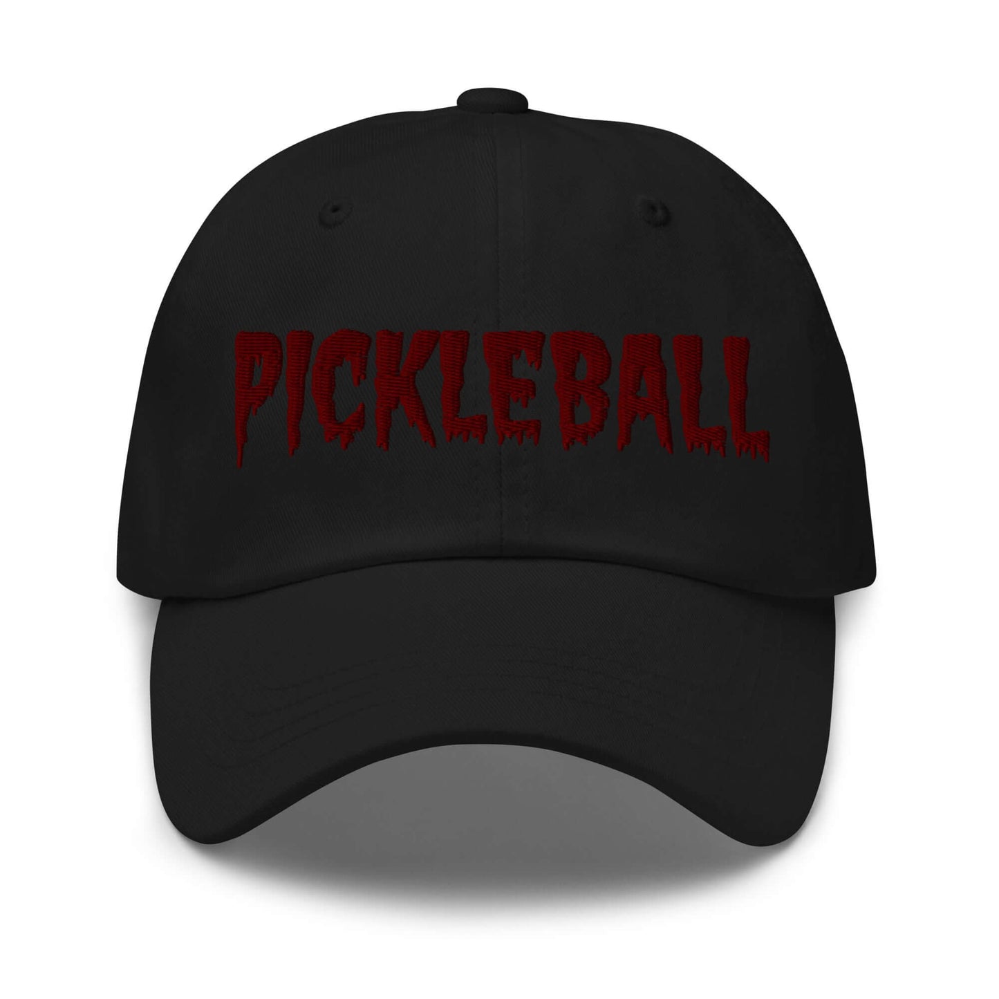 Haunted Pickleball Spirit Hat with maroon spooky font on black baseball cap.