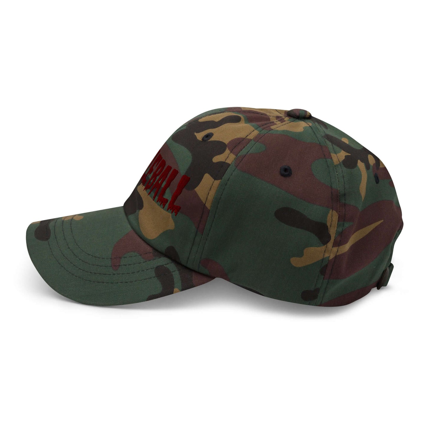 Haunted Pickleball Spirit Hat in camo with maroon embroidery, eerie style perfect for the court.