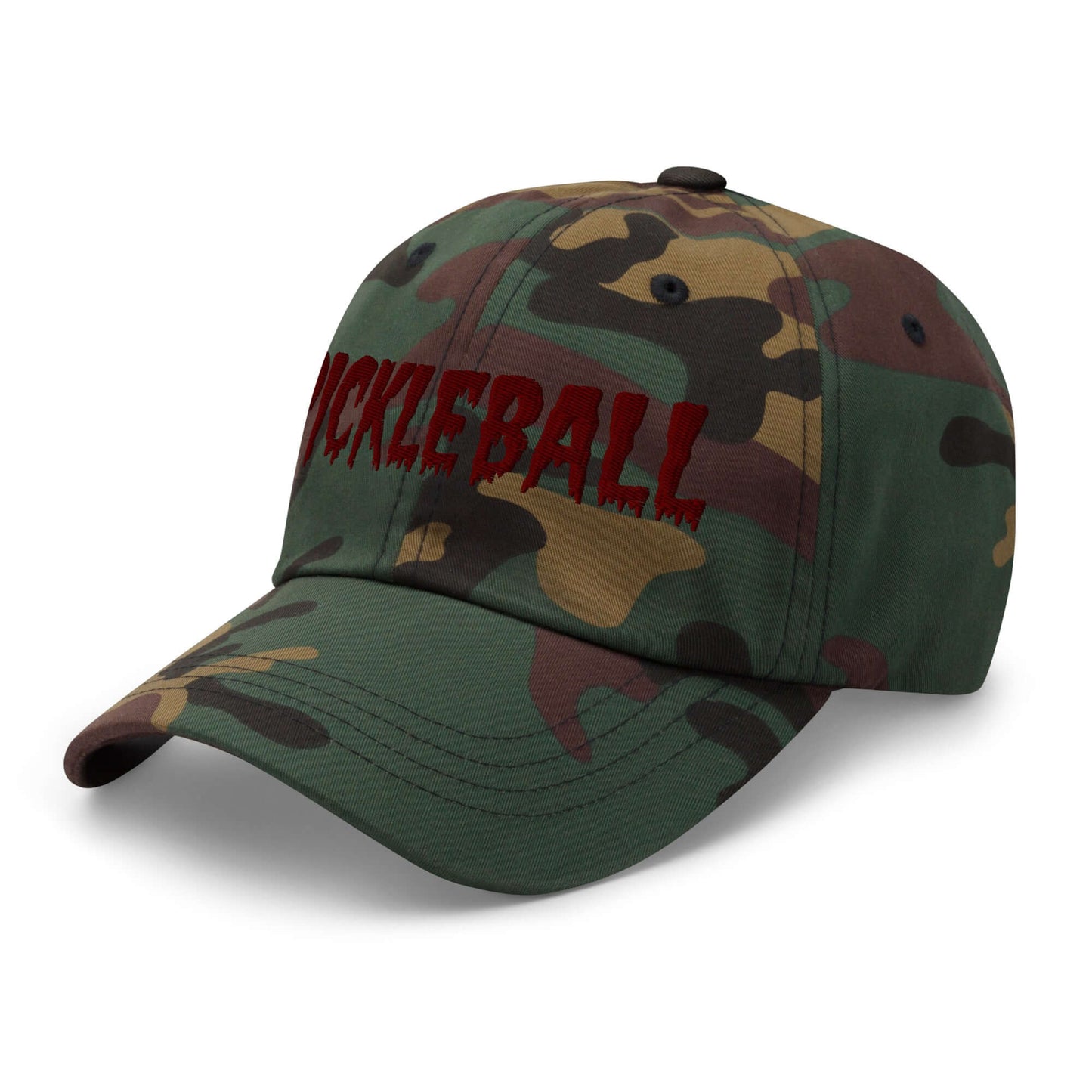 Haunted Pickleball Spirit Hat with maroon embroidered logo in eerie font on camo design, perfect for spooky style on the court