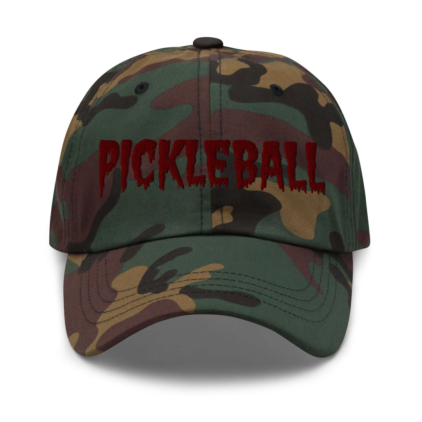 Haunted Pickleball Spirit Hat with maroon embroidery on camo design for eerie court style