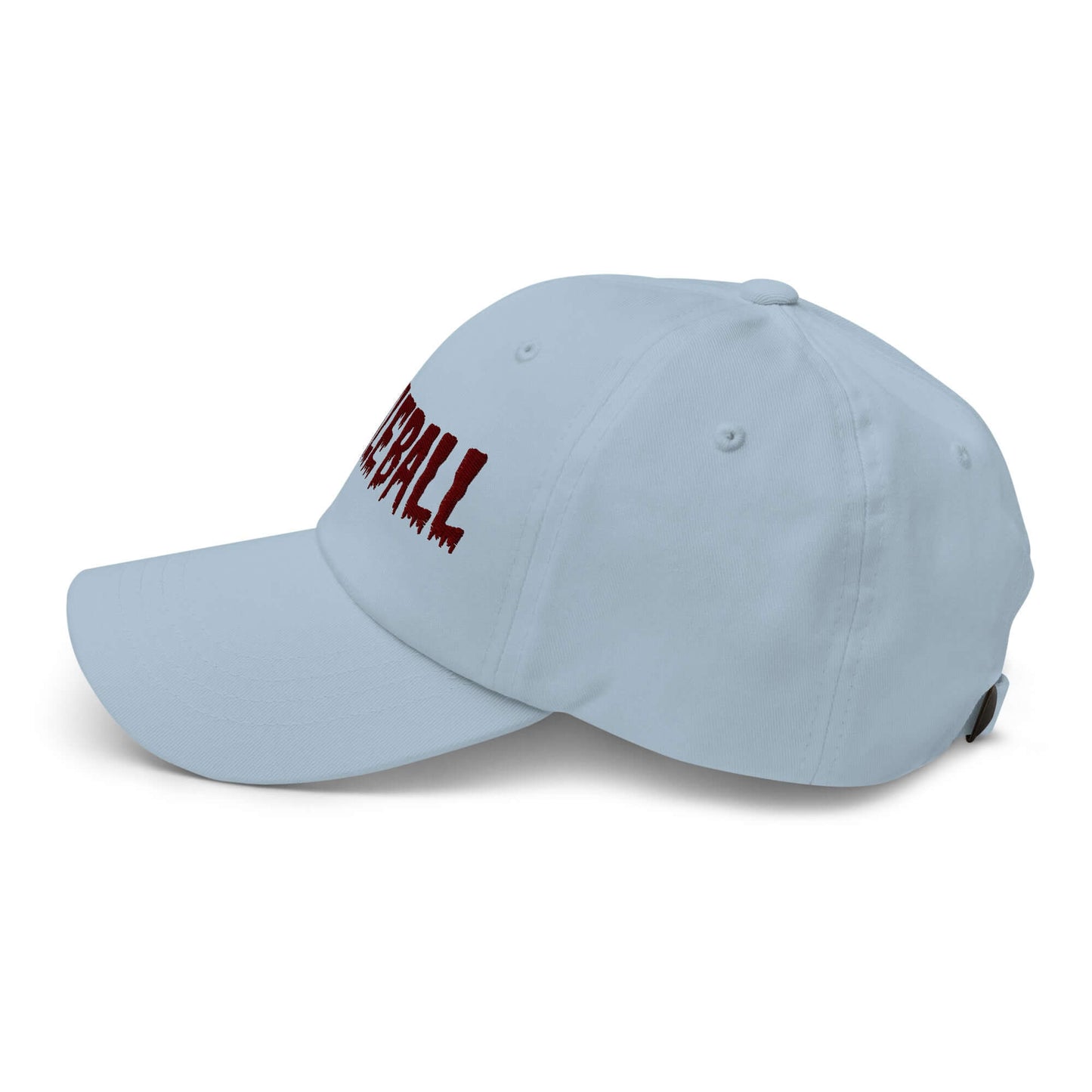 Haunted Pickleball Spirit Hat with maroon embroidery on light blue cotton twill, adding eerie style to pickleball enthusiasts' outfits.