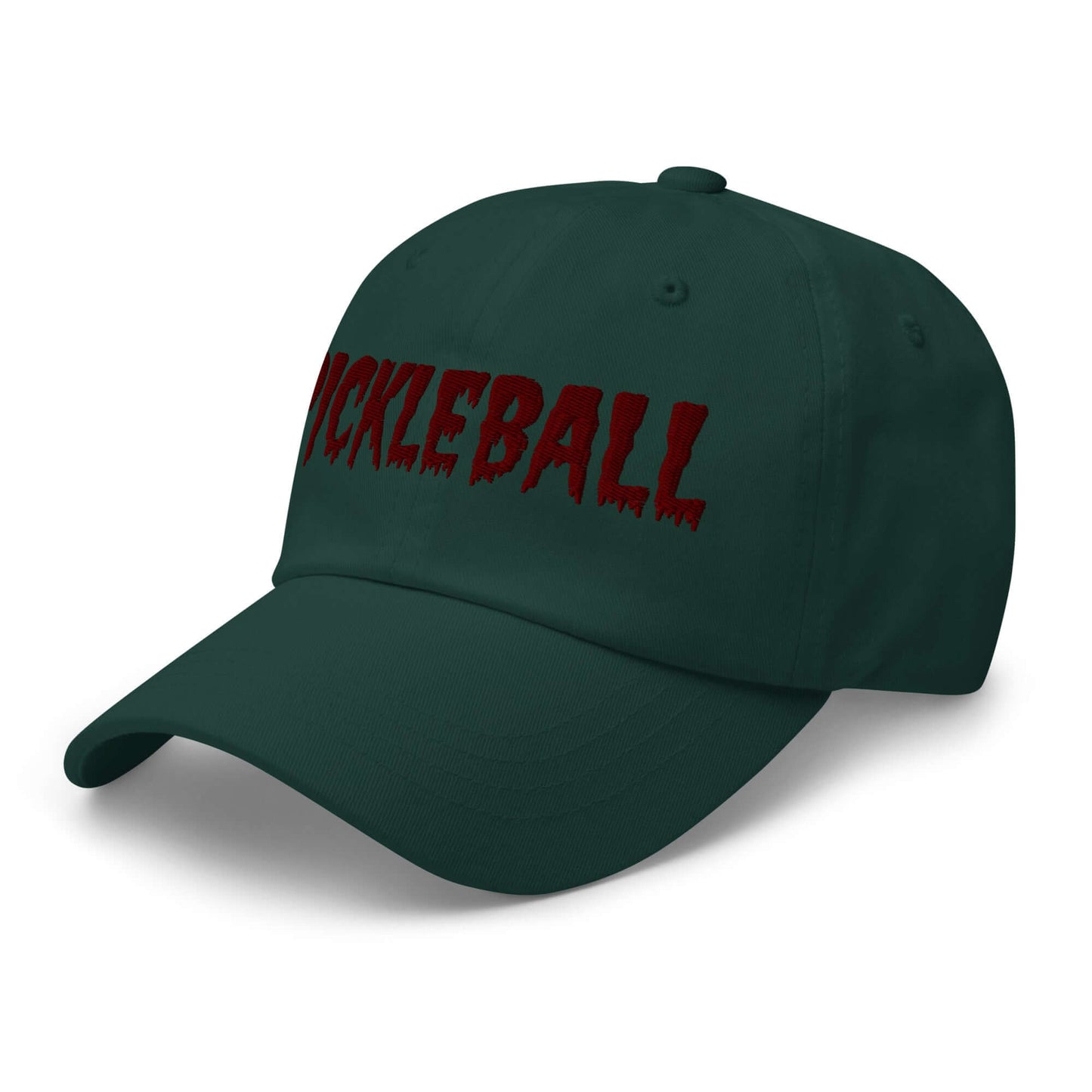 Dark green Haunted Pickleball Spirit Hat with "pickleball" embroidered in maroon spooky font, perfect for eerie style on the court.