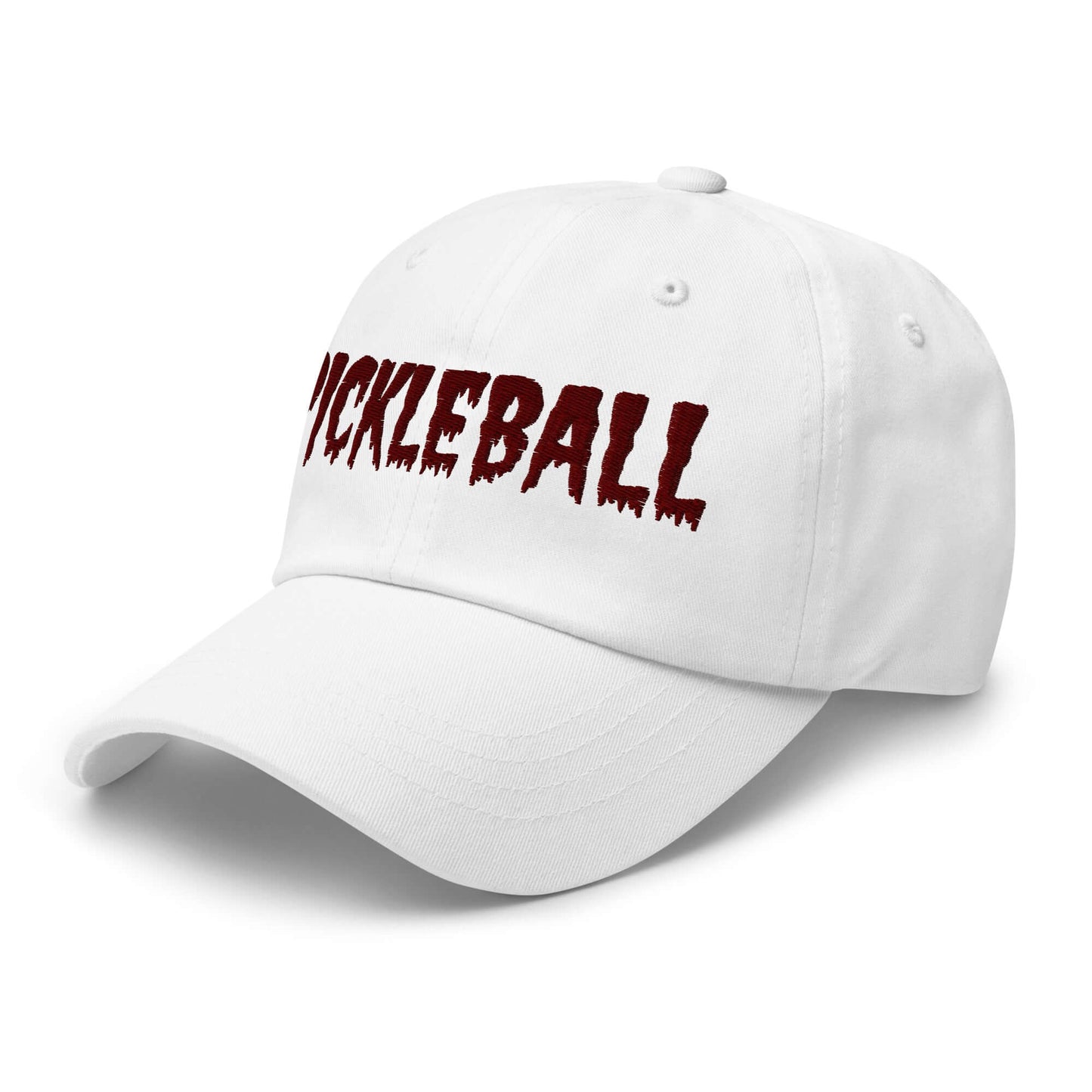 White haunted pickleball spirit hat with maroon spooky font embroidery on a baseball cap.