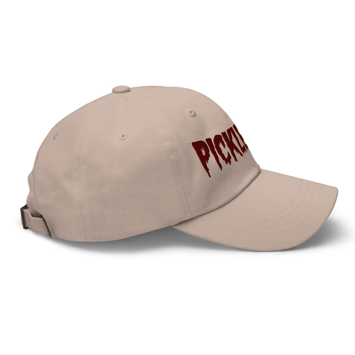 Haunted Pickleball Spirit Hat with eerie maroon embroidery, side view, made from 100% chino cotton twill for comfort and style.