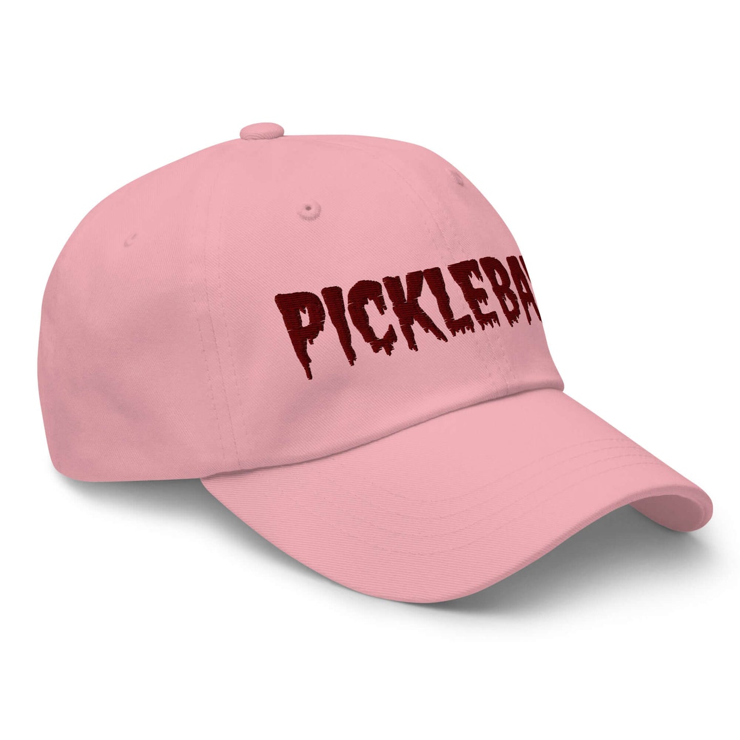 Pink Haunted Pickleball Spirit Hat with maroon spooky font embroidery, perfect eerie style for the court.