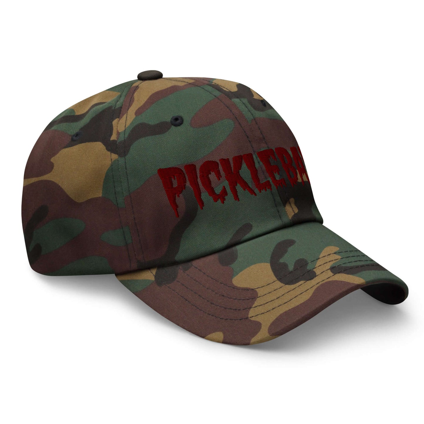 Camo haunted pickleball hat with maroon spooky font embroidery, perfect eerie style for the court.