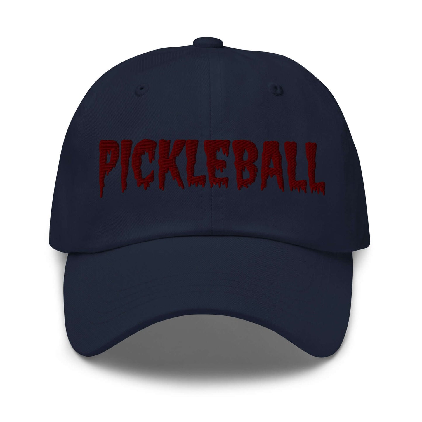 Eerie black pickleball hat with maroon embroidered spooky font, perfect for stylish Halloween-themed pickleball games.